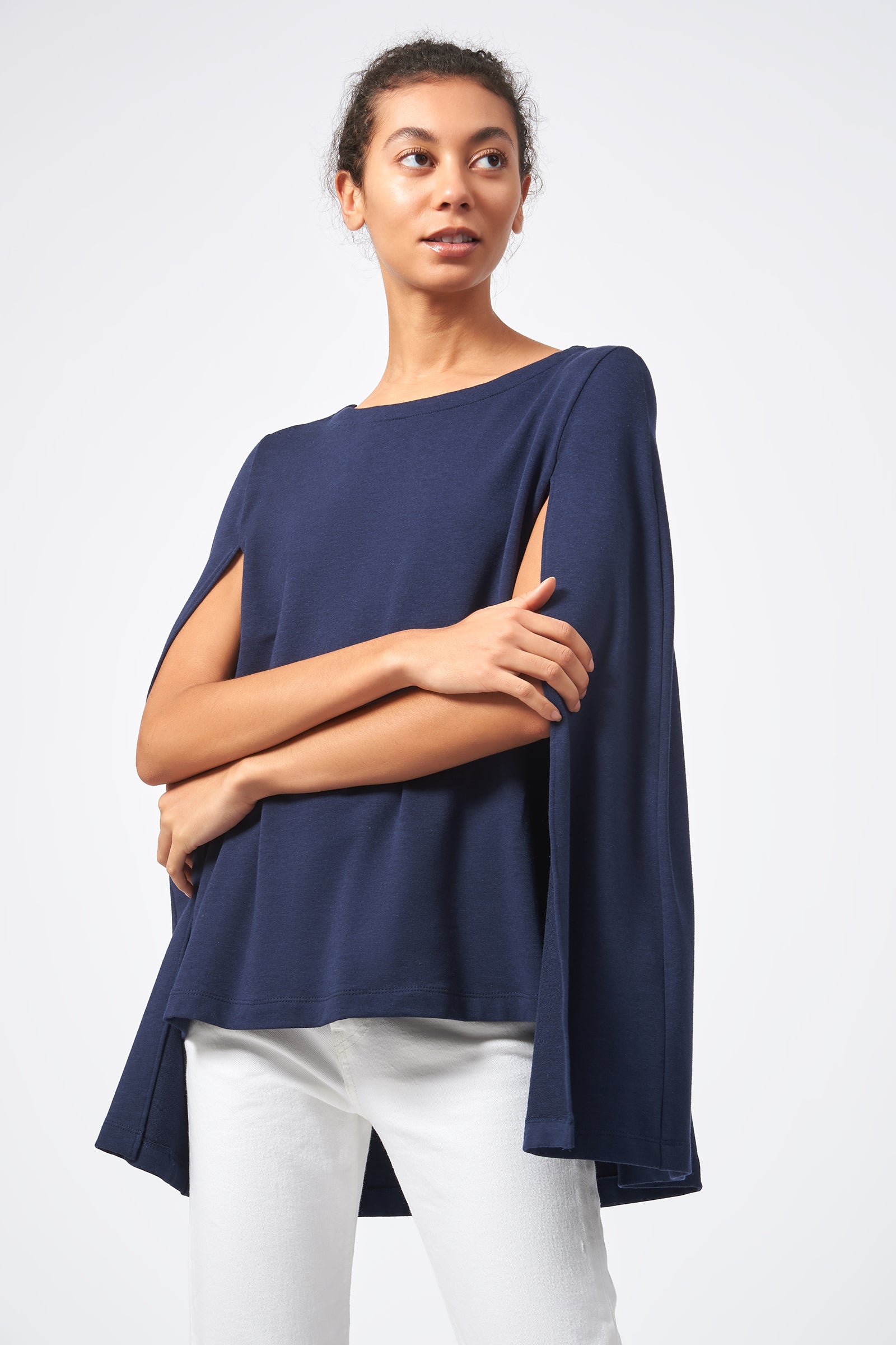 Kal Rieman Cape Sweatshirt in Navy on Model Front View
