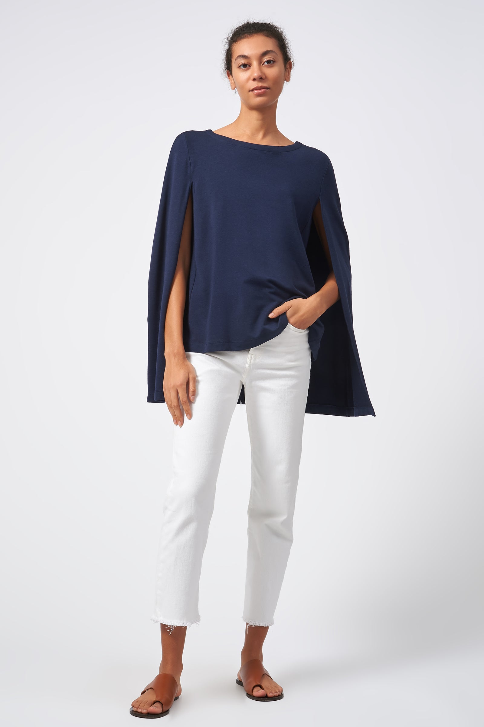 Kal Rieman Cape Sweatshirt in bamboo terry navy front view crop
