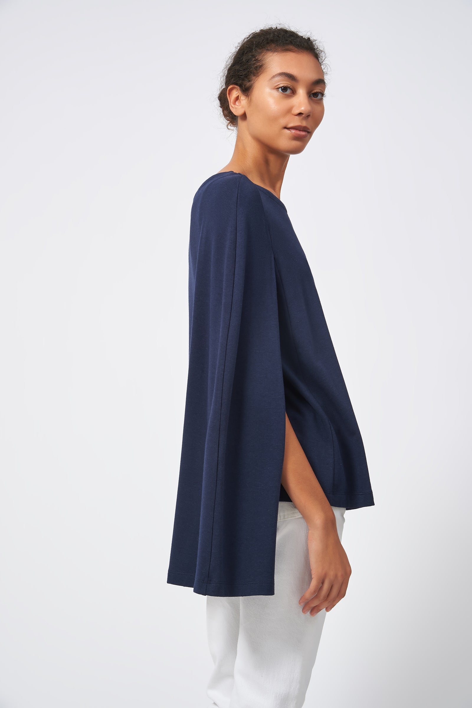 Kal Rieman Cape Sweatshirt in Navy on Model Front View