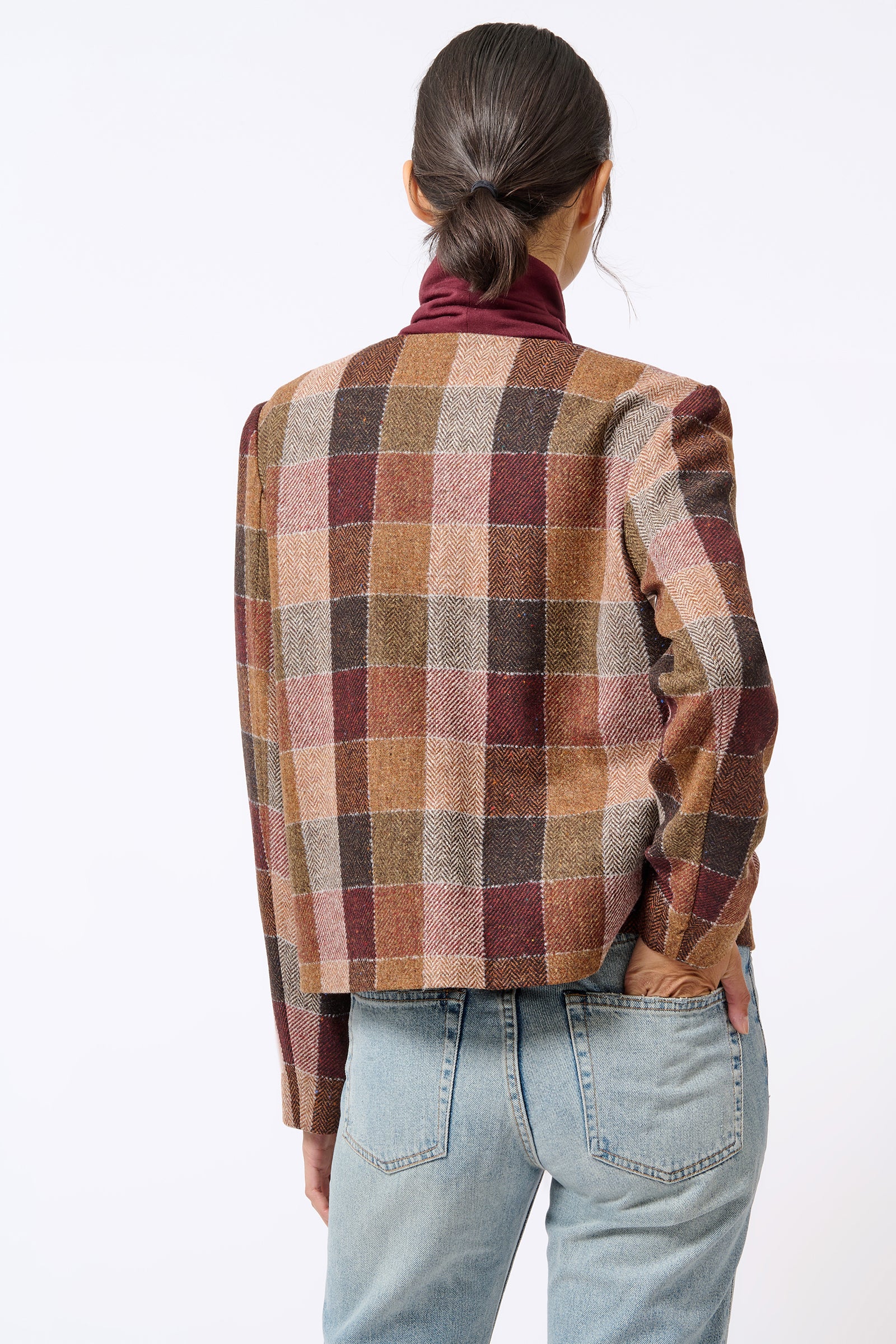 Kal Rieman Caroline Patch Pocket Blazer in Patchwork Fabric on Model with Hand in Back Pocket Back View