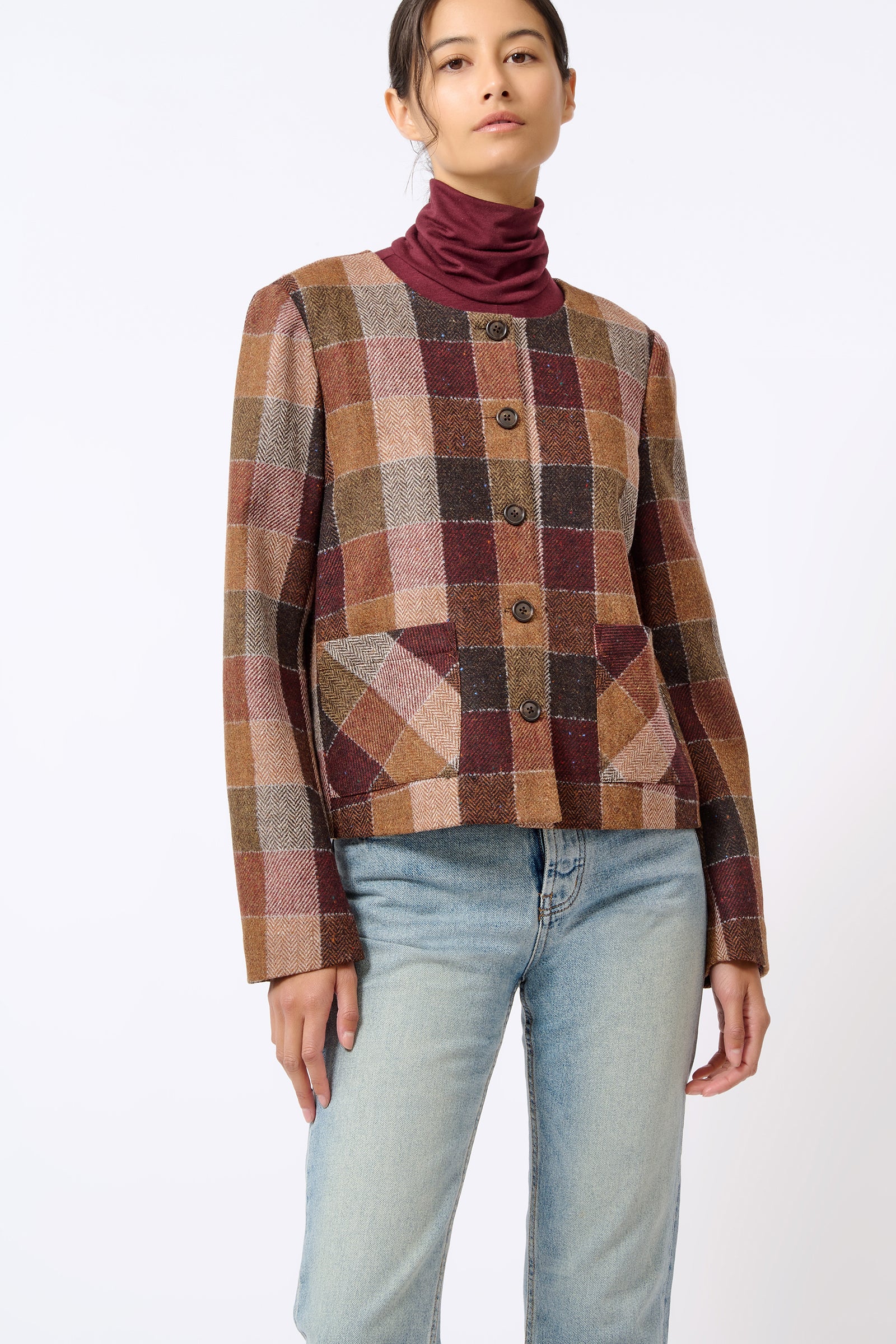 Kal Rieman Caroline Patch Pocket Blazer in Patchwork Fabric on Model Front View