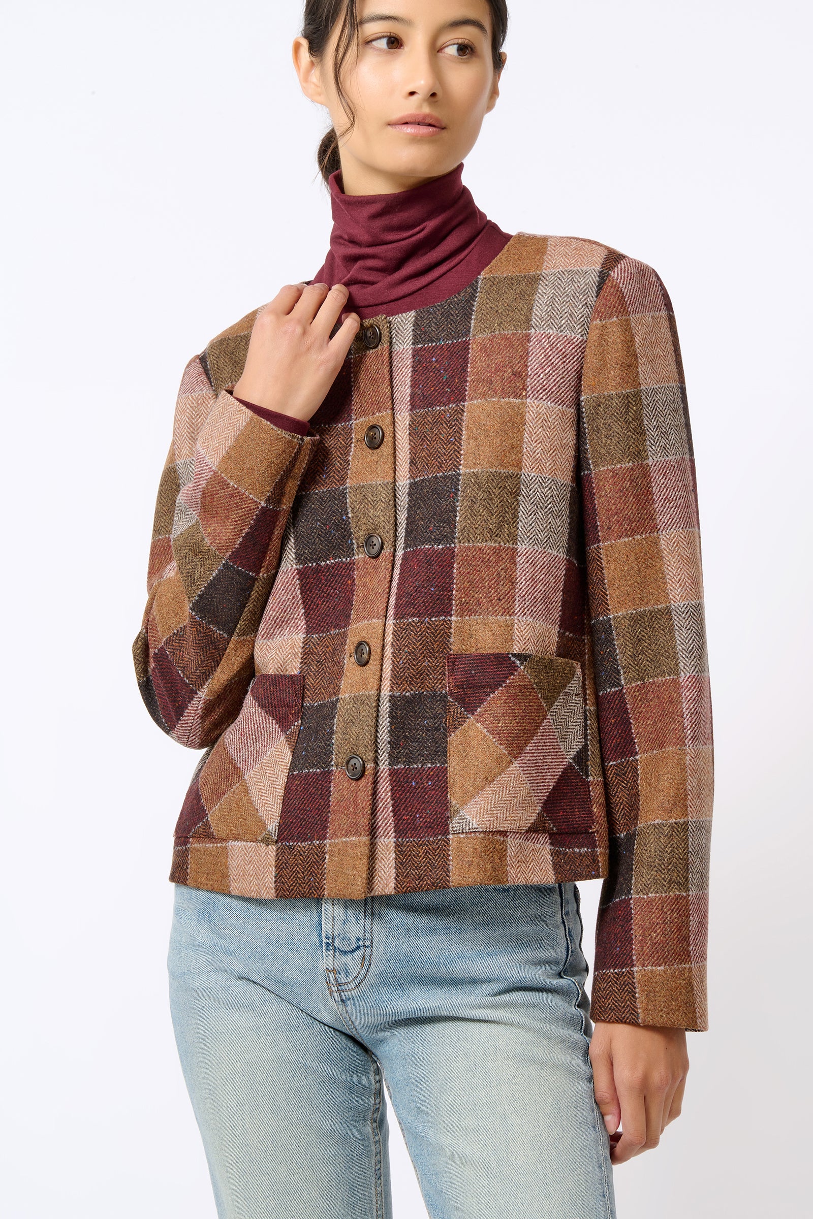 Kal Rieman Caroline Patch Pocket Blazer in Patchwork Fabric on Model with Hand on Collar Front View
