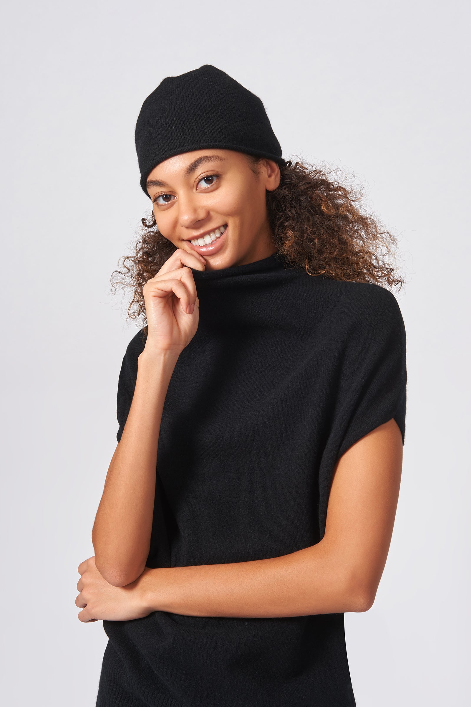 Kal Rieman Cashmere Cap in Black on Model Front View
