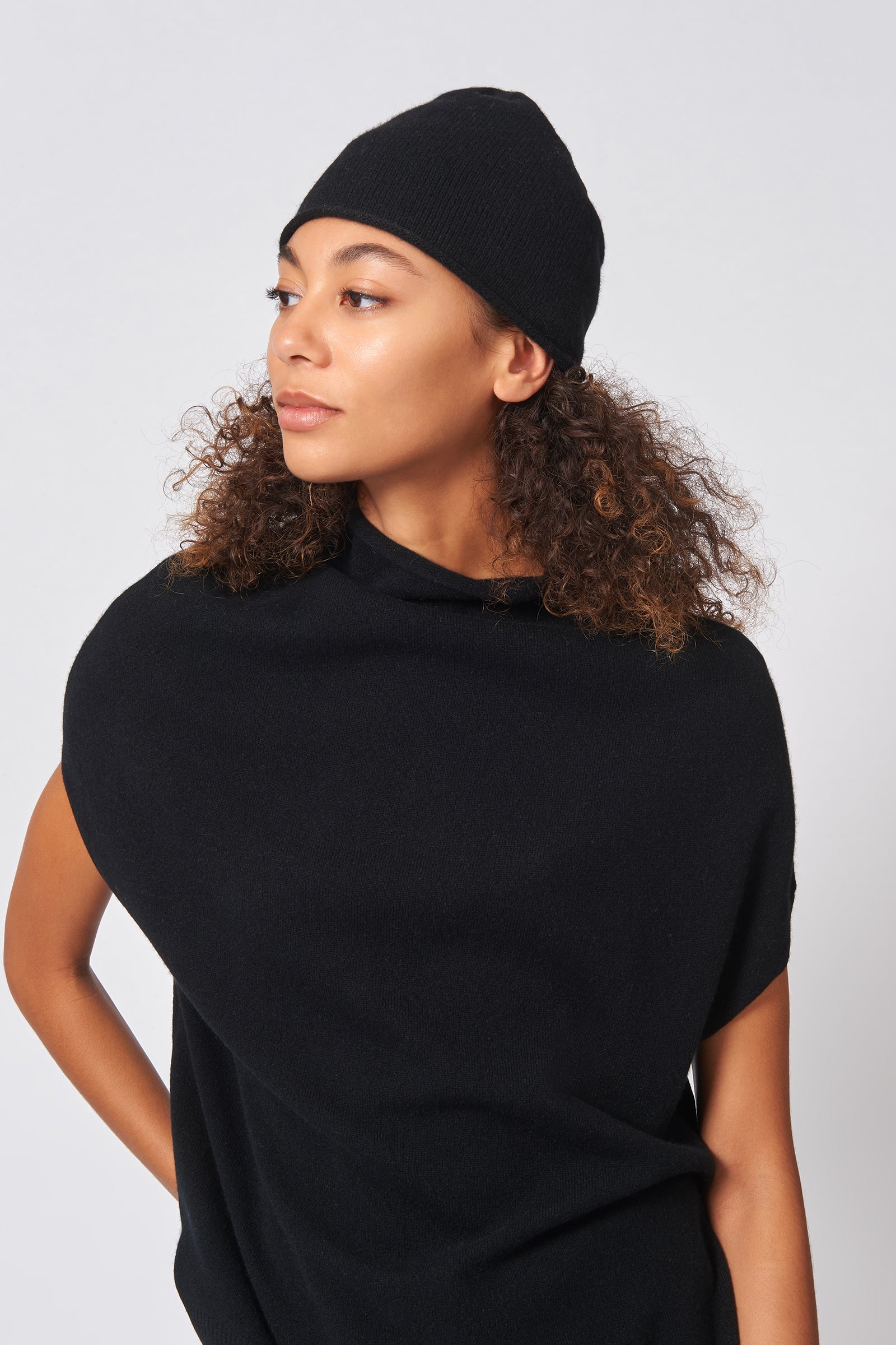 Kal Rieman Cashmere Cap in Black on Model Side View