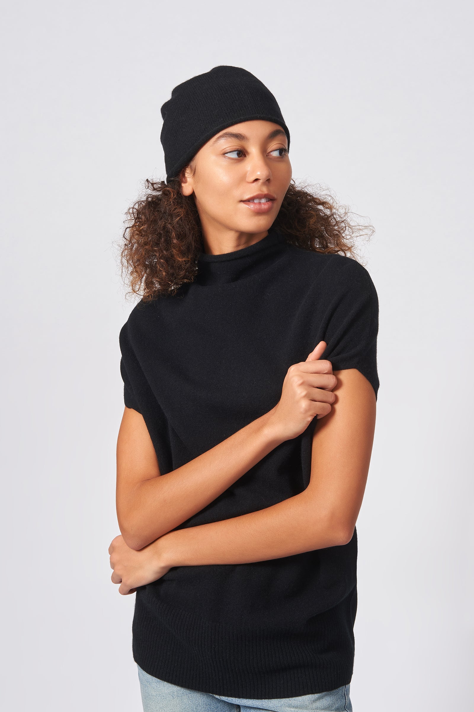 Kal Rieman Cashmere Cap in Black on Model Front Side View