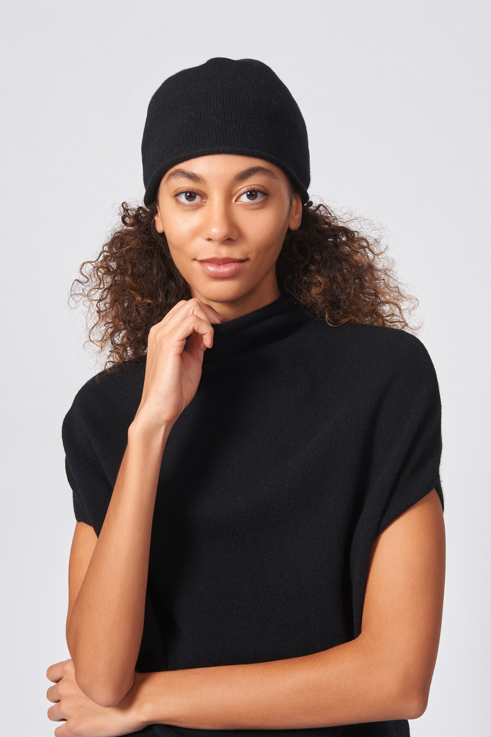 Kal Rieman Cashmere Cap in Black on Model Front View