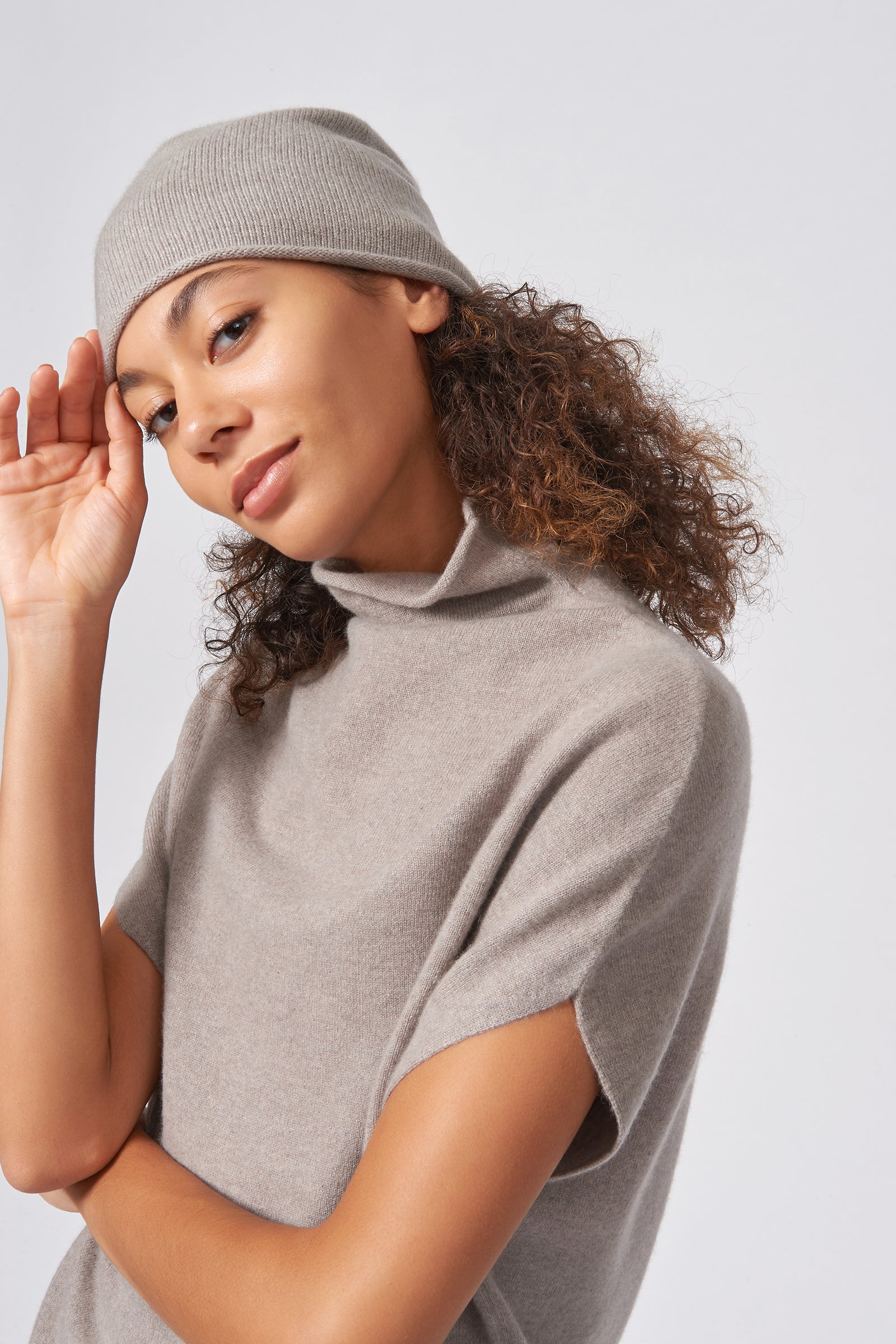 Kal Rieman Cashmere Cap in Drift on Model  Side Close-up View