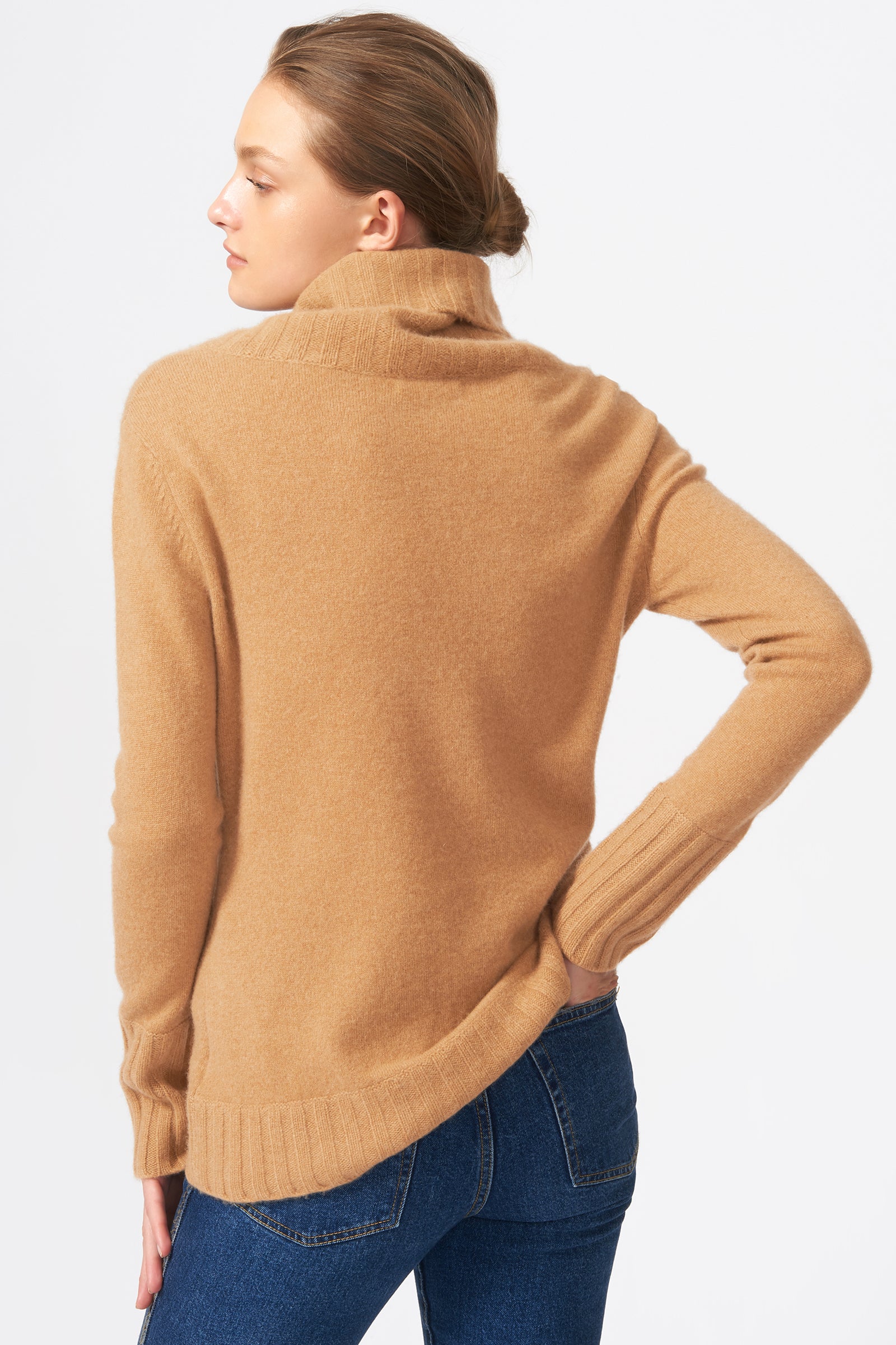 Kal Rieman Cashmere Cowel T-Neck in Camel on Model Back View