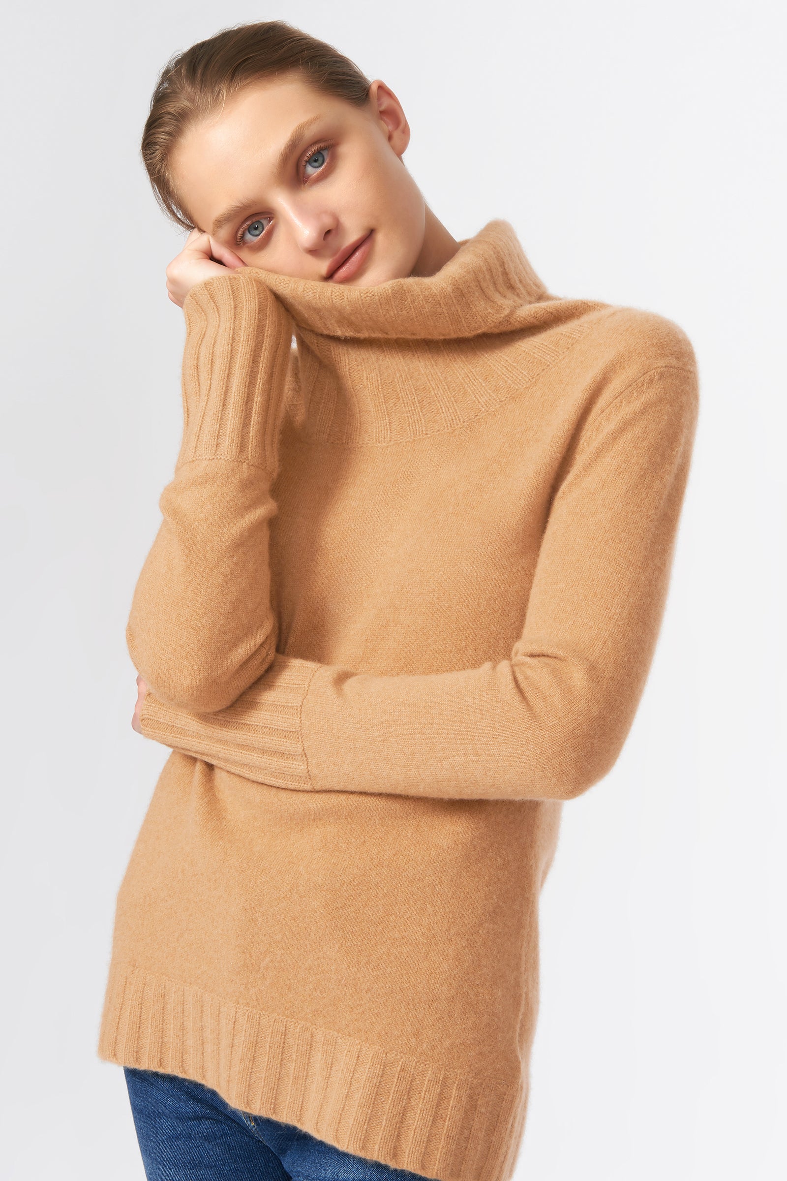 Kal Rieman Cashmere Cowel T-Neck in Camel on Model Front View