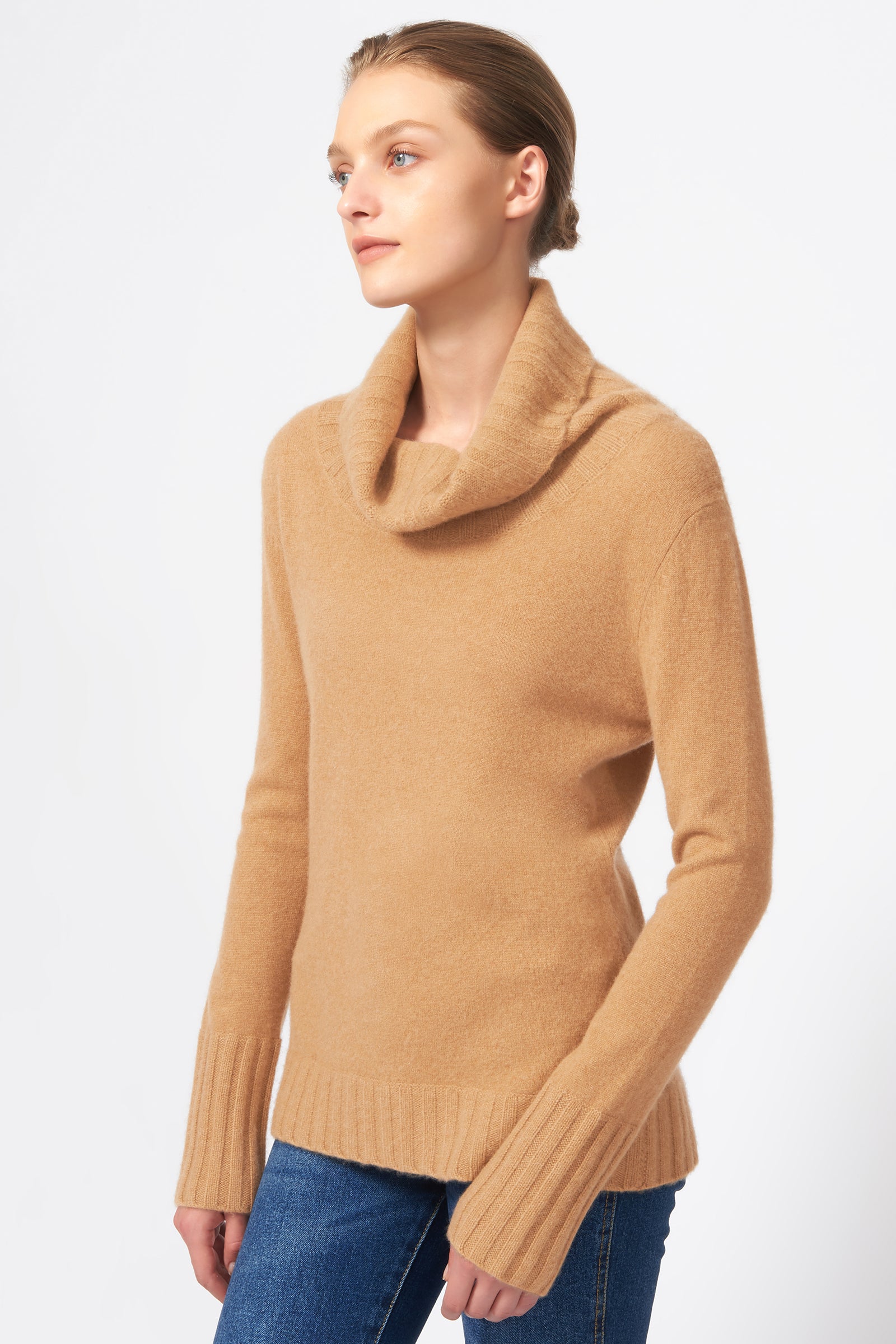 Kal Rieman Cashmere Cowel T-Neck in Camel on Model Side View