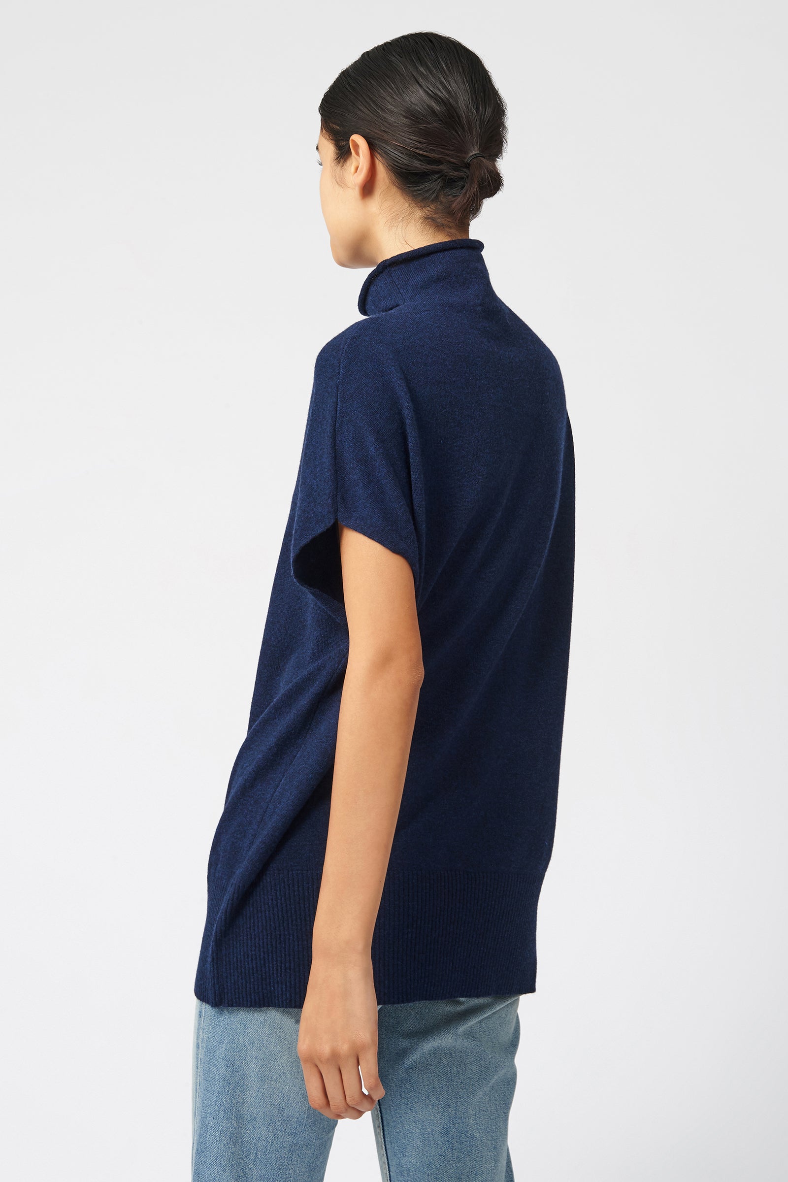 Kal Rieman Cashmere Funnelneck in Navy on Model Front View