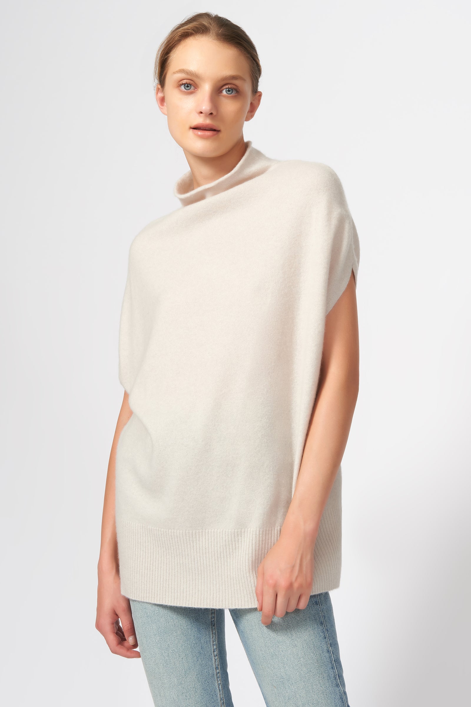 Kal Rieman Cashmere Funnelneck in Haze on Model Front View