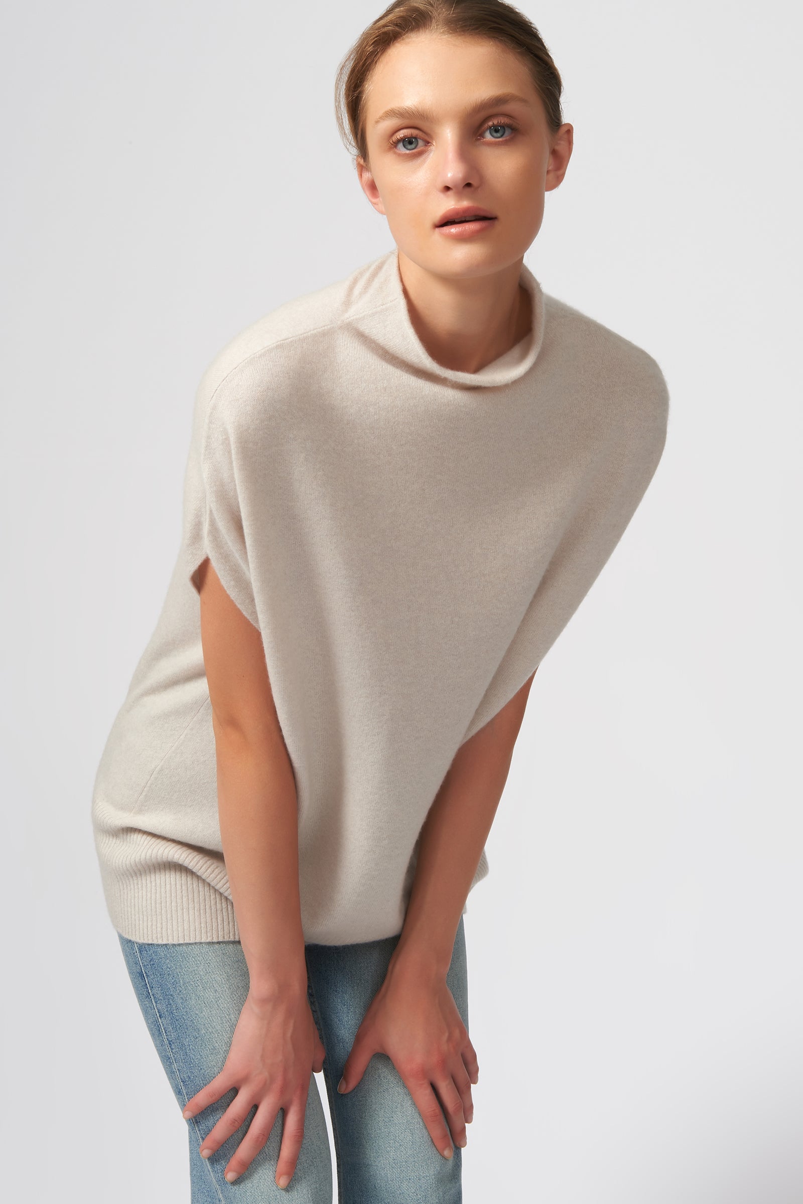 Kal Rieman Cashmere Funnelneck in Haze on Model Detail View