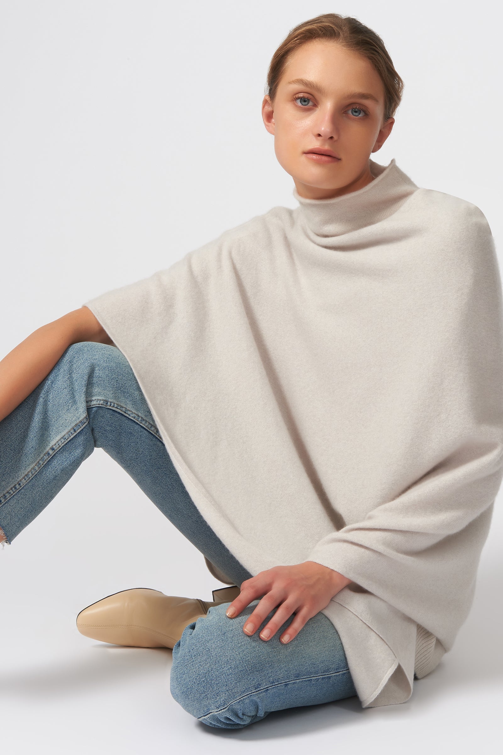 Kal Rieman Cashmere Poncho in Haze on Model Detail View