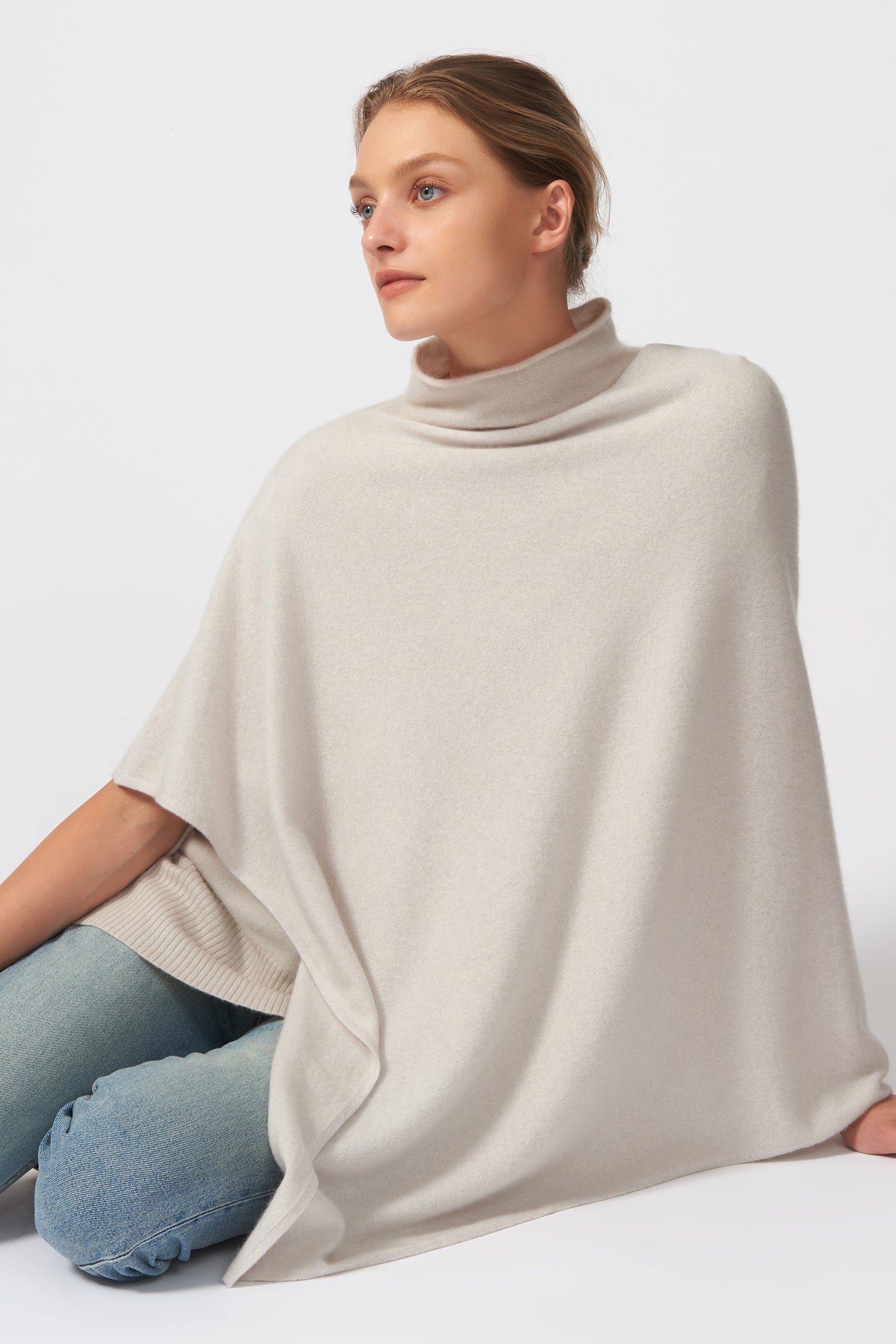 Kal Rieman Cashmere Poncho in Haze on Model Detail View