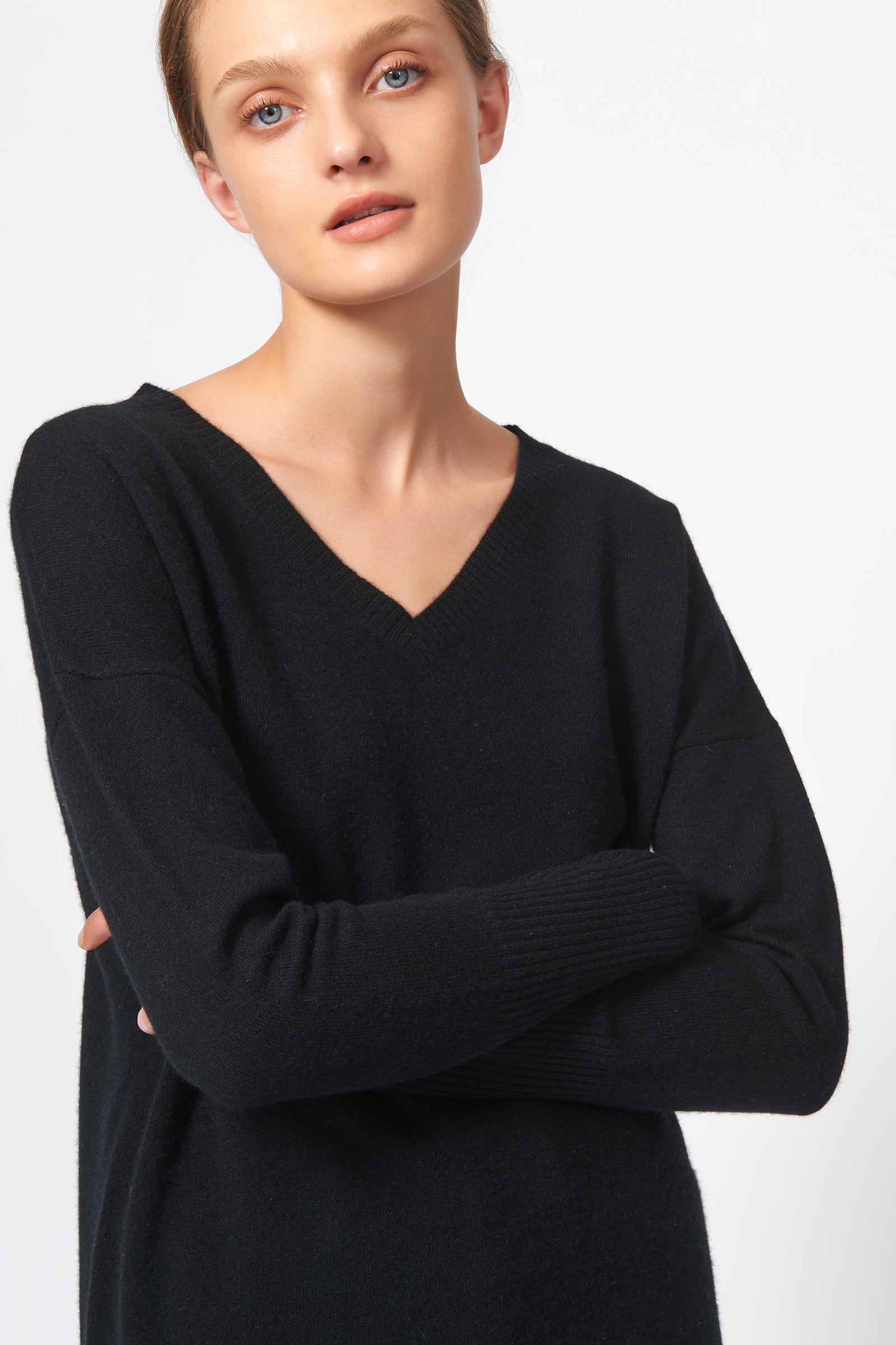 Kal Rieman Cashmere V Neck in Black on Model Detail View