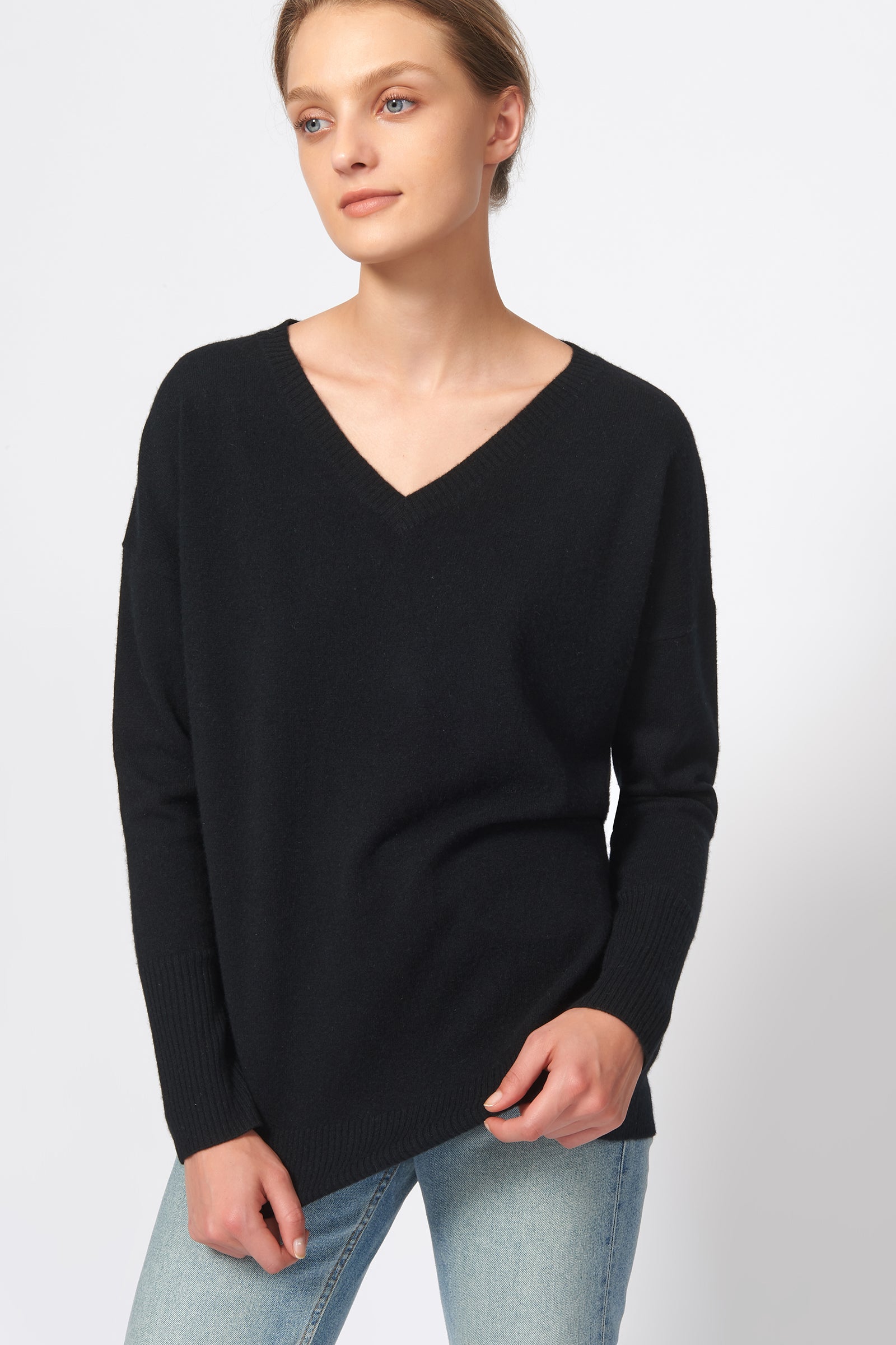 Kal Rieman Cashmere V Neck in Black on Model Front View