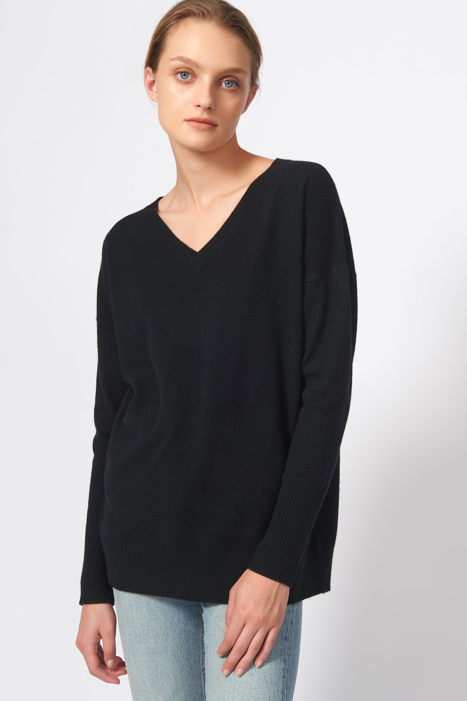 Kal Rieman Cashmere V Neck in Black on Model Front View