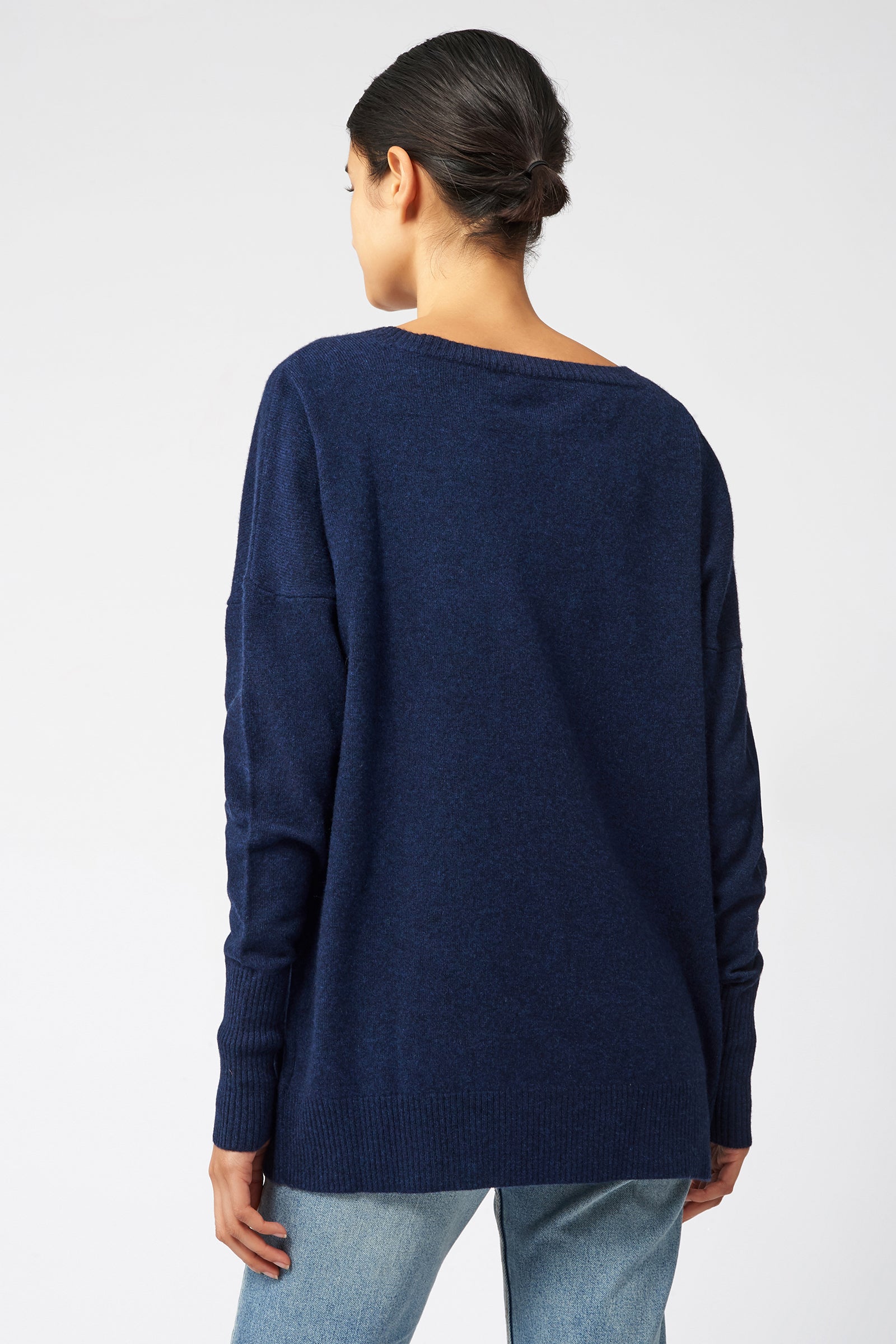 Kal Rieman Cashmere V Neck in Navy on Model Back View