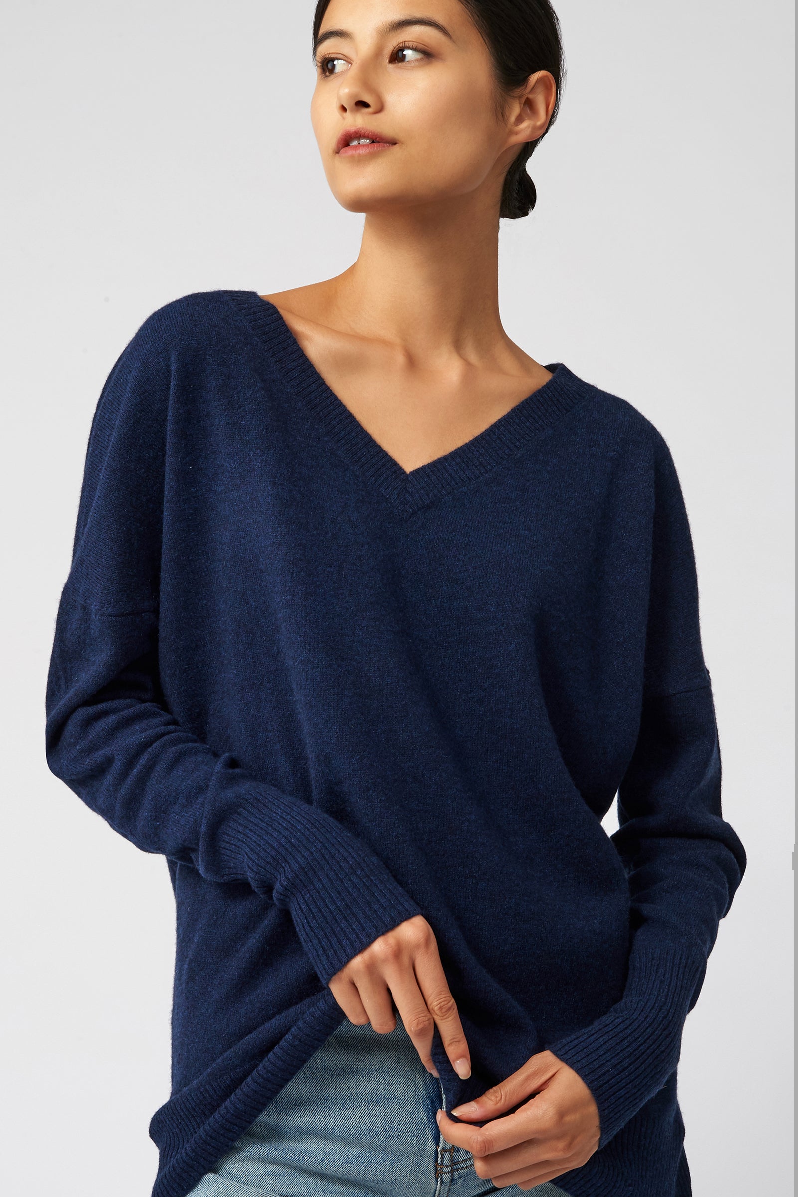 Kal Rieman Cashmere V Neck in Navy on Model Front View