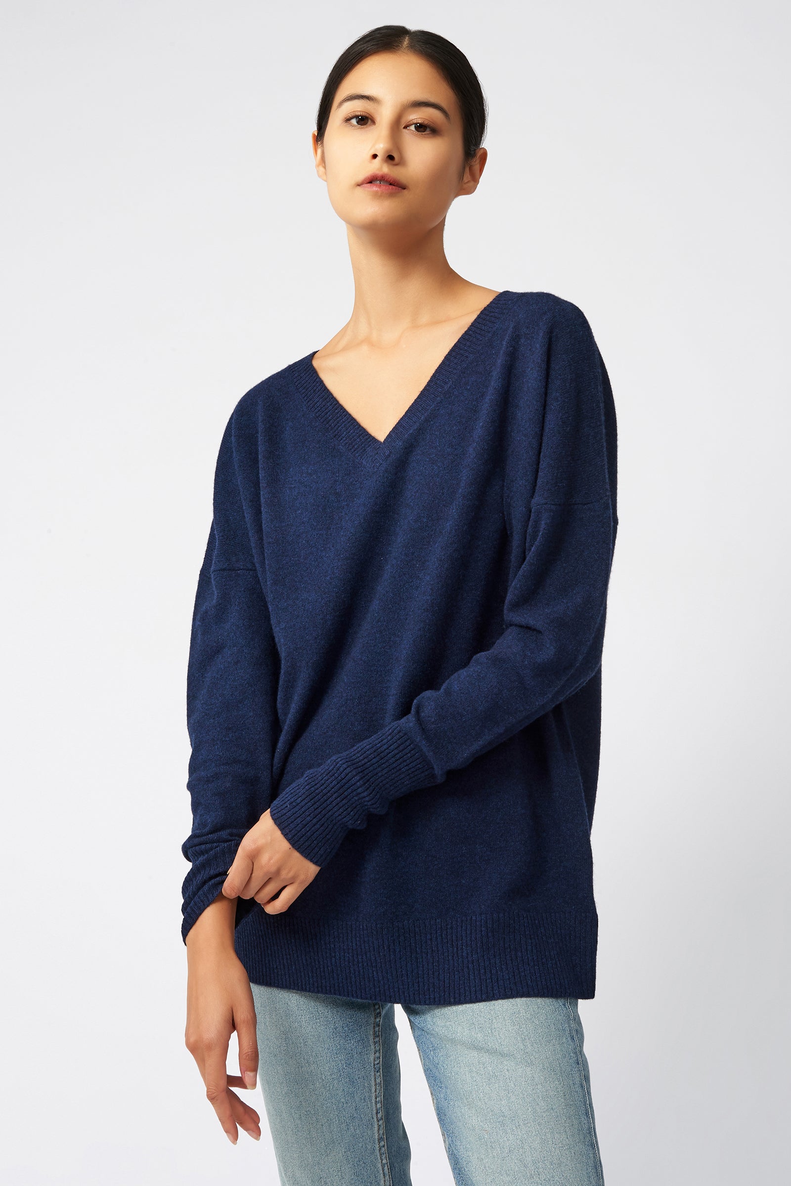 Kal Rieman Cashmere V Neck in Navy on Model Front View