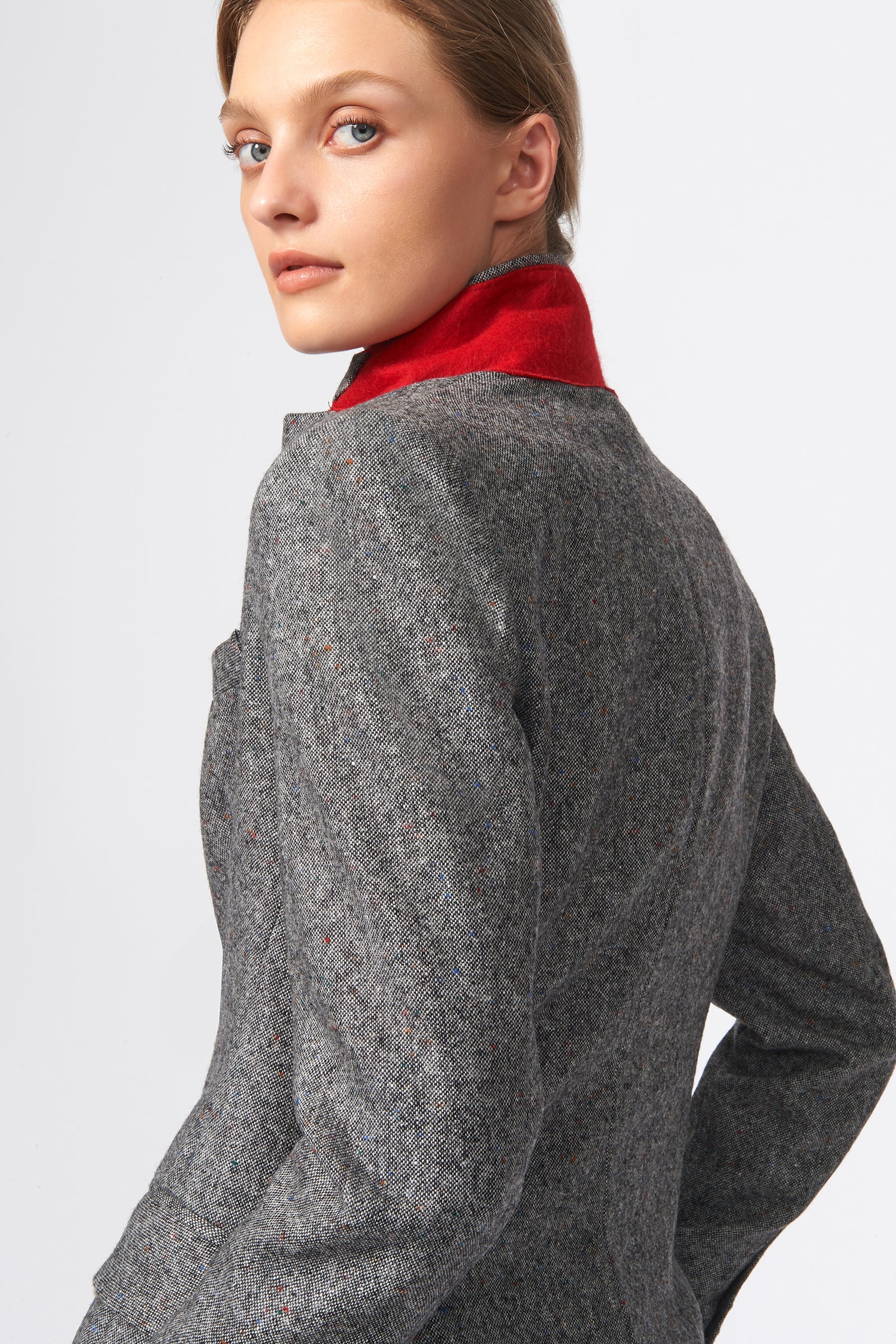 Kal Rieman Classic Notch Blazer in Grey Tweed on Model Back Detail  View