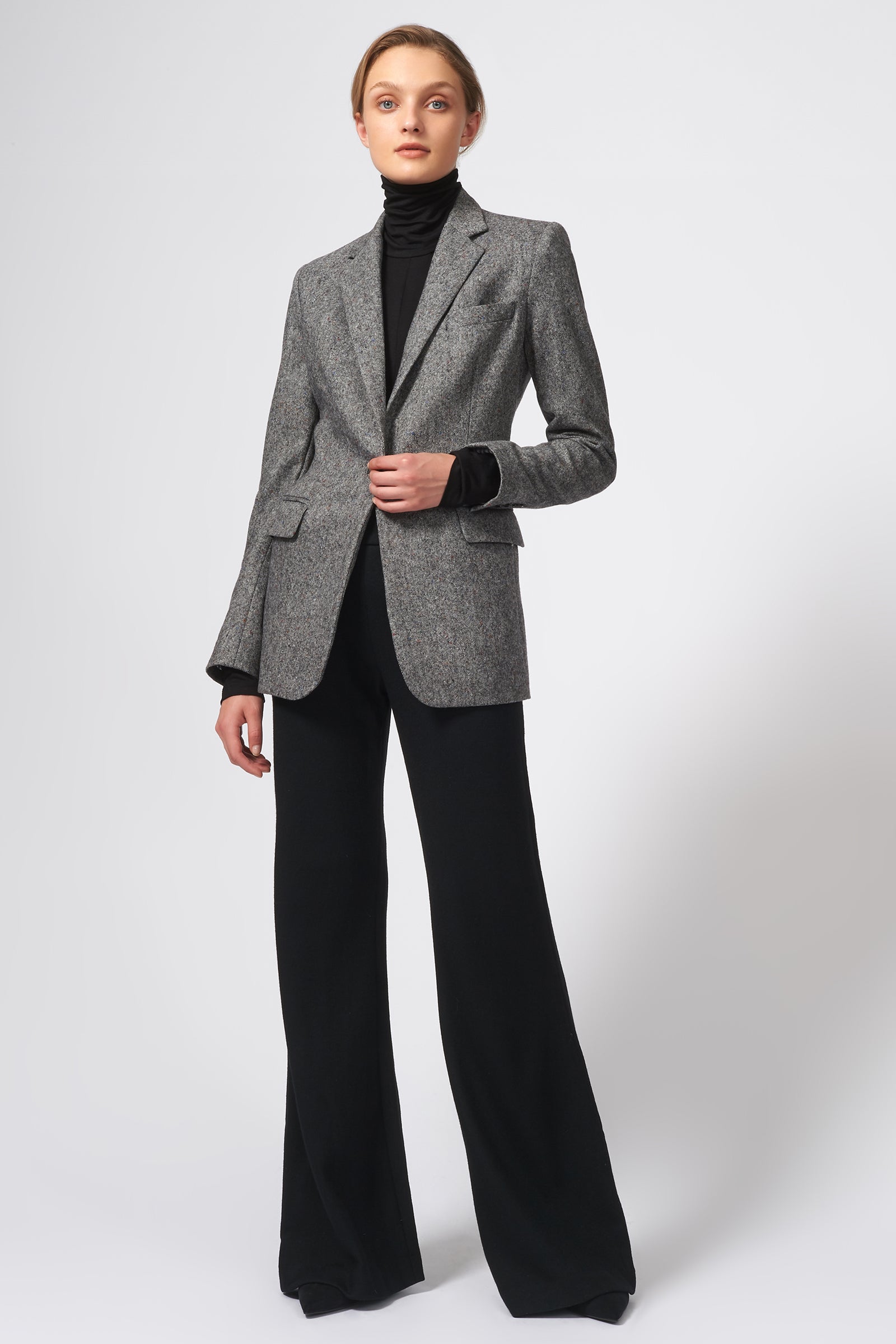 Kal Rieman Classic Notch Blazer in Grey Tweed on Model Front Full View