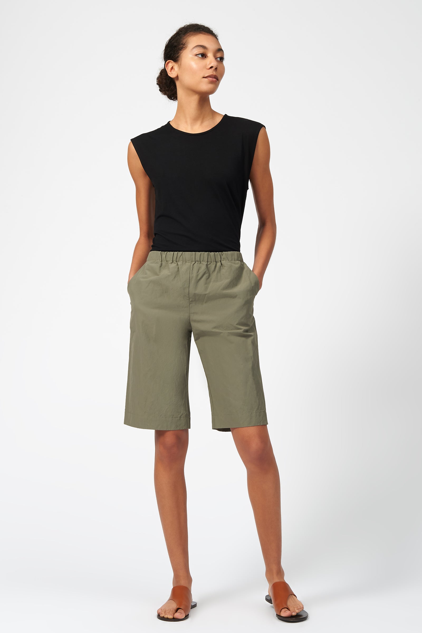 Kal Rieman Cotton Nylon Bermuda in Olive on Model Front View