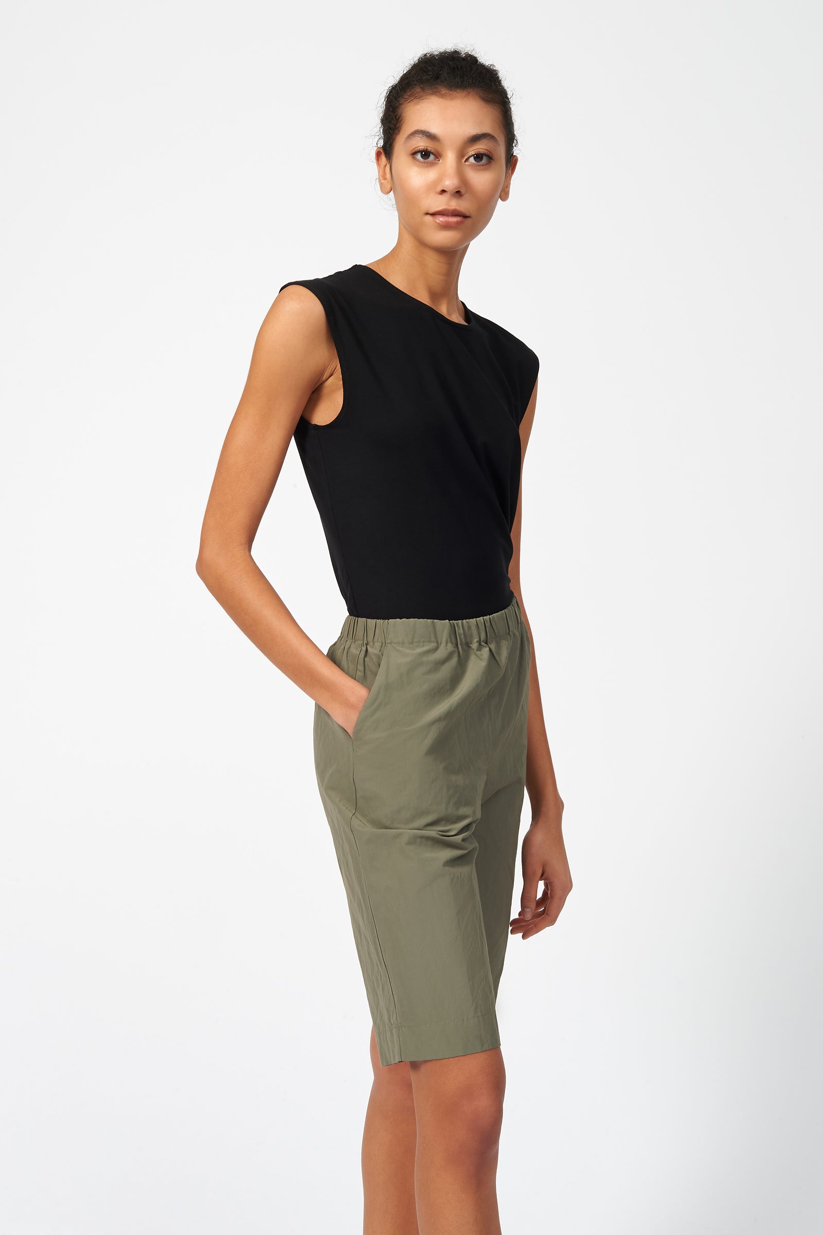 Kal Rieman Cotton Nylon Bermuda in Olive on Model Side View