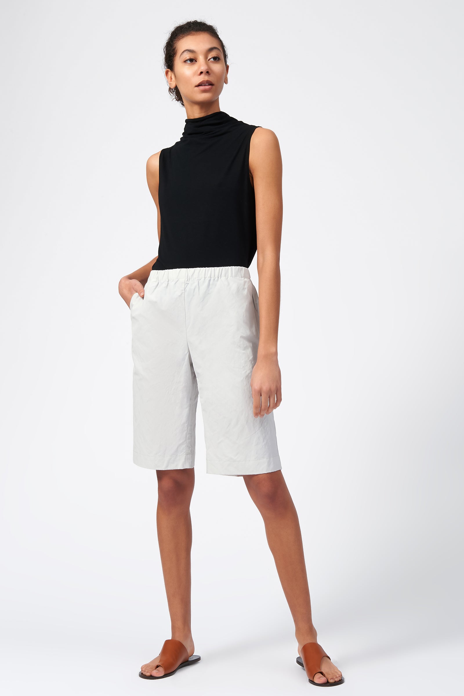 Kal Rieman Cotton Nylon Bermuda in Stone on Model Full Front View