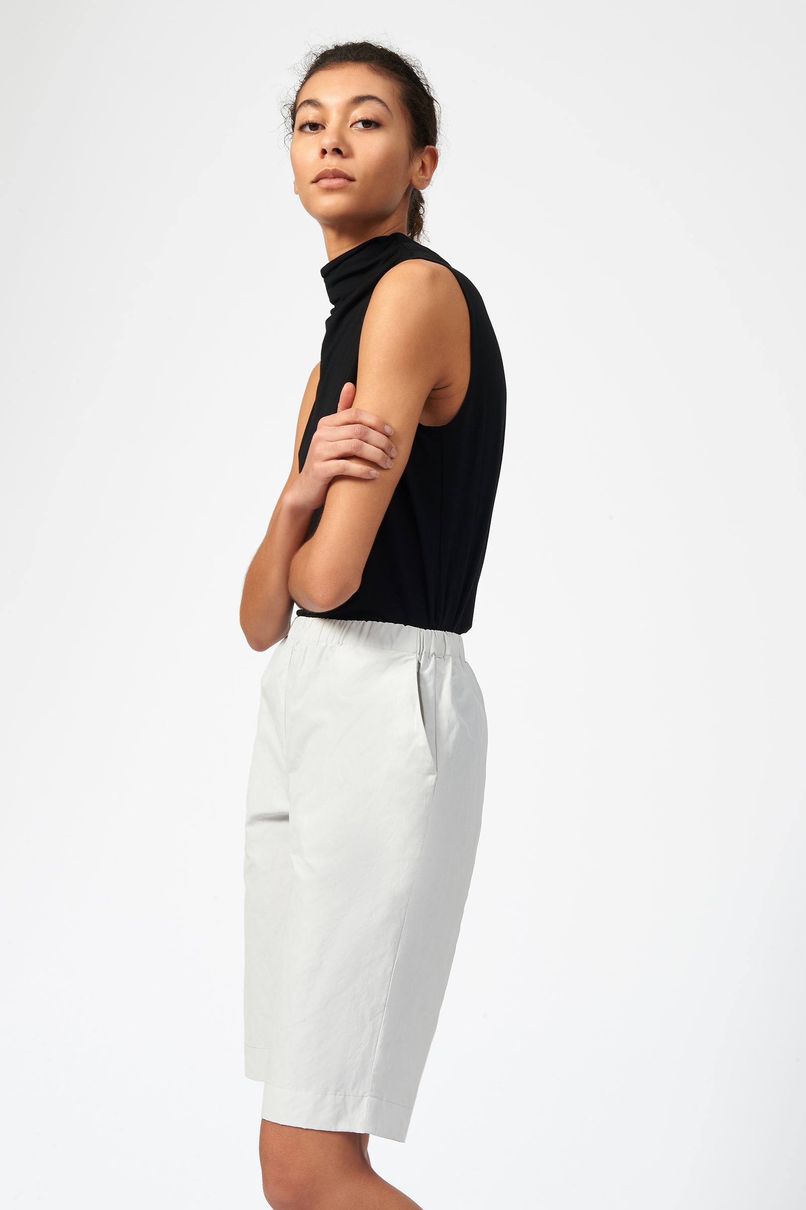 Kal Rieman Cotton Nylon Bermuda in Stone on Model Side View