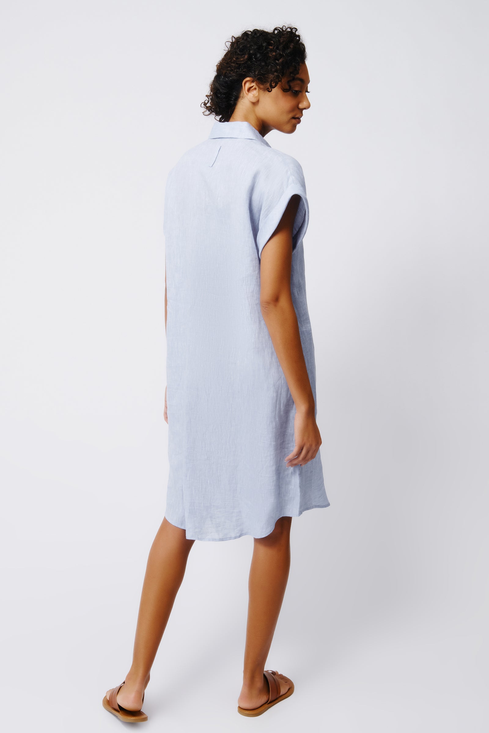Kal Rieman Hedy Cuffed Cap Sleeve Shirt Dress in Blue Linen on Model Full Back View