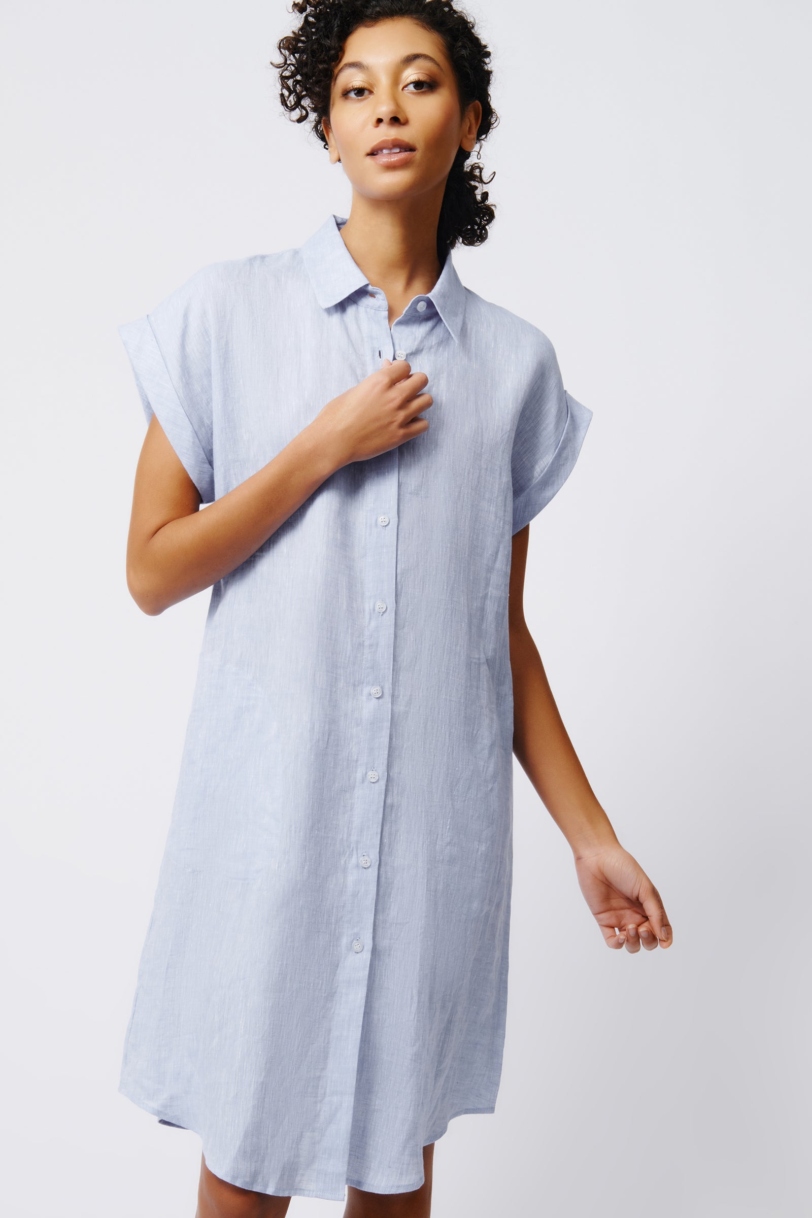 Kal Rieman Hedy Cuffed Cap Sleeve Shirt Dress in Blue Linen on Model Front View Crop 3