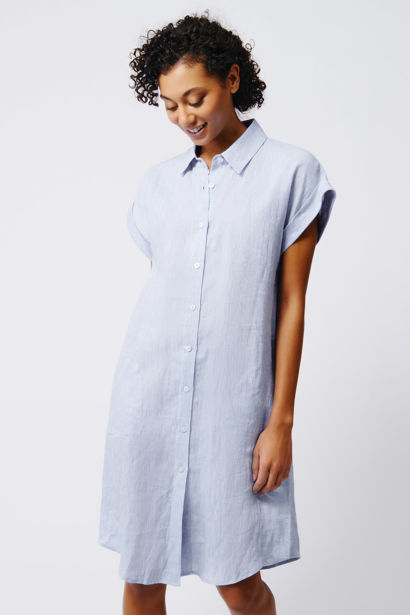 Kal Rieman Hedy Cuffed Cap Sleeve Shirt Dress in Blue Linen on Model Front View Crop 6