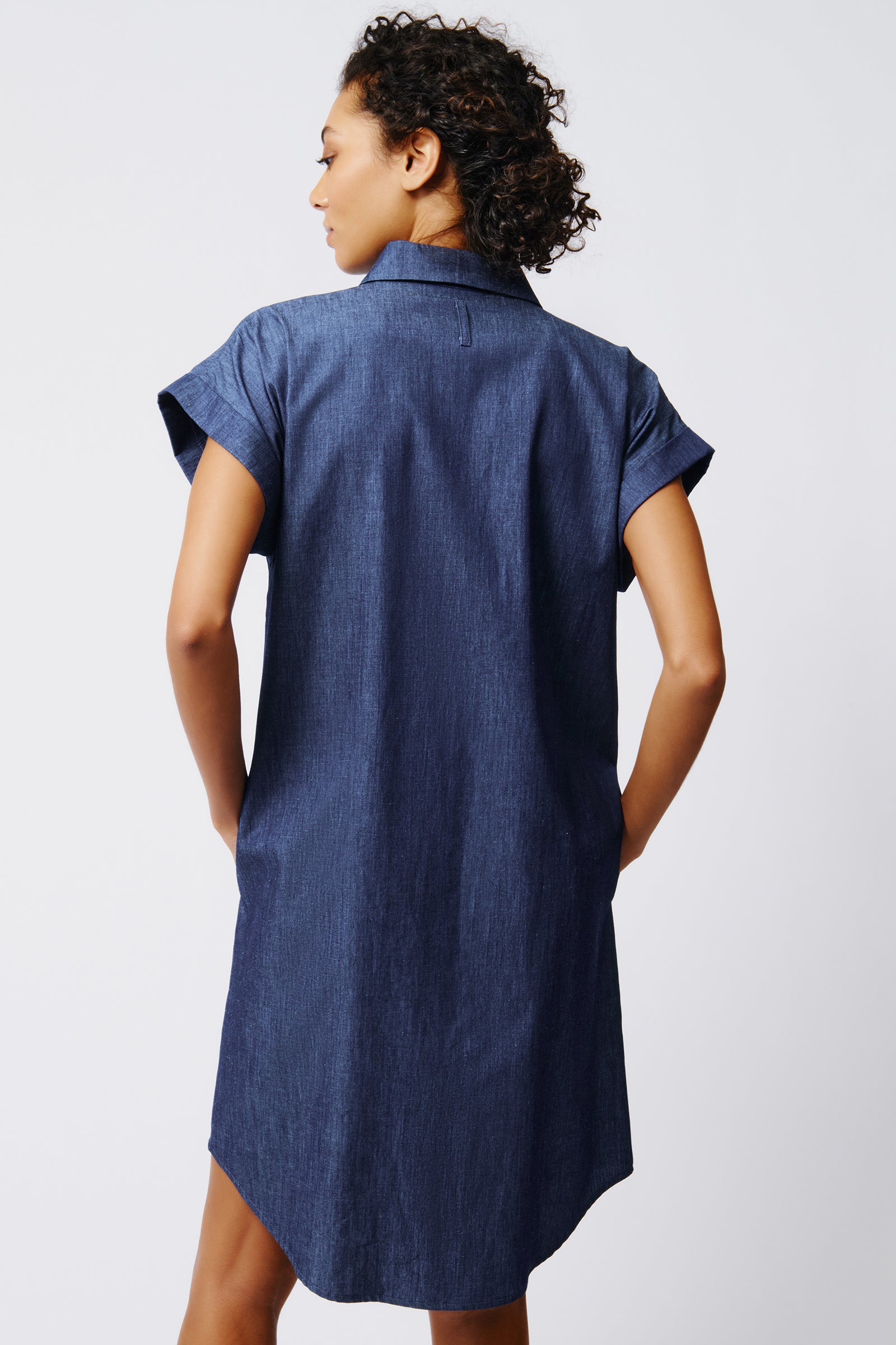 Kal Rieman Hedy Cuffed Cap Sleeve Shirt Dress in Classic Indigo on Model Back View Crop