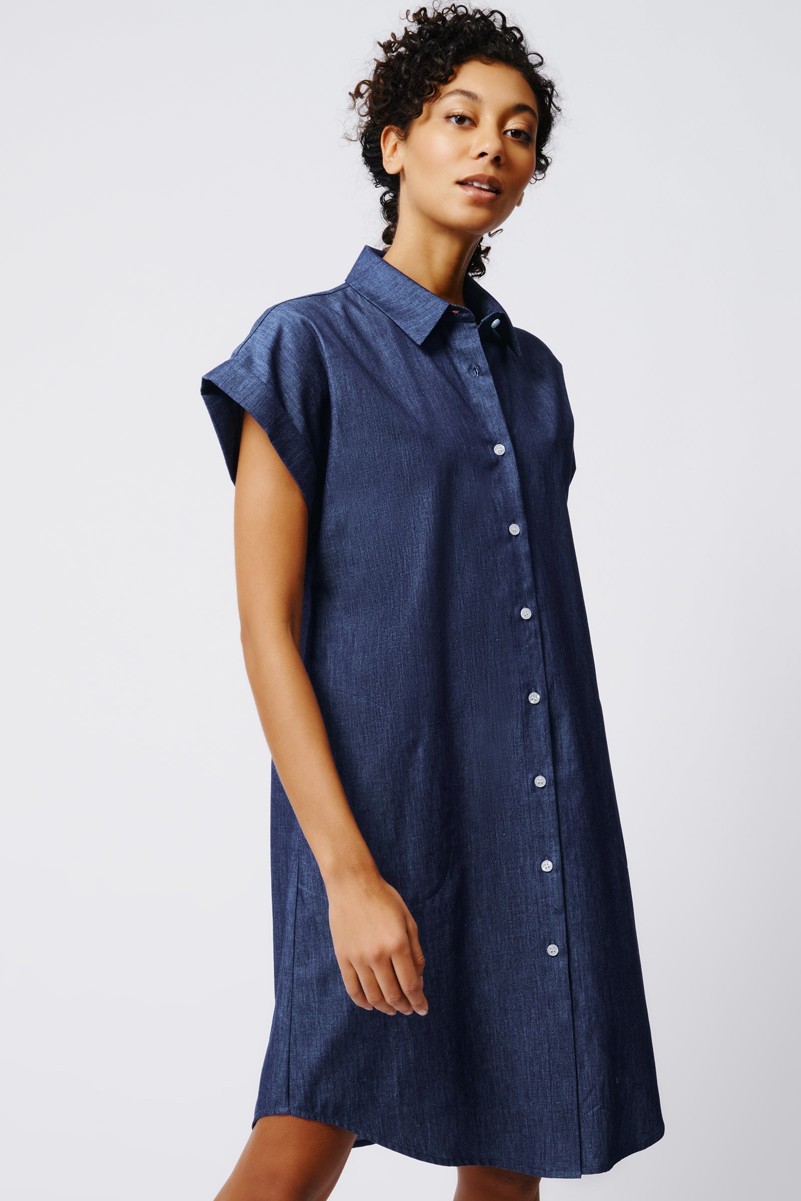 Kal Rieman Hedy Cuffed Cap Sleeve Shirt Dress in Classic Indigo on Model Front View Crop