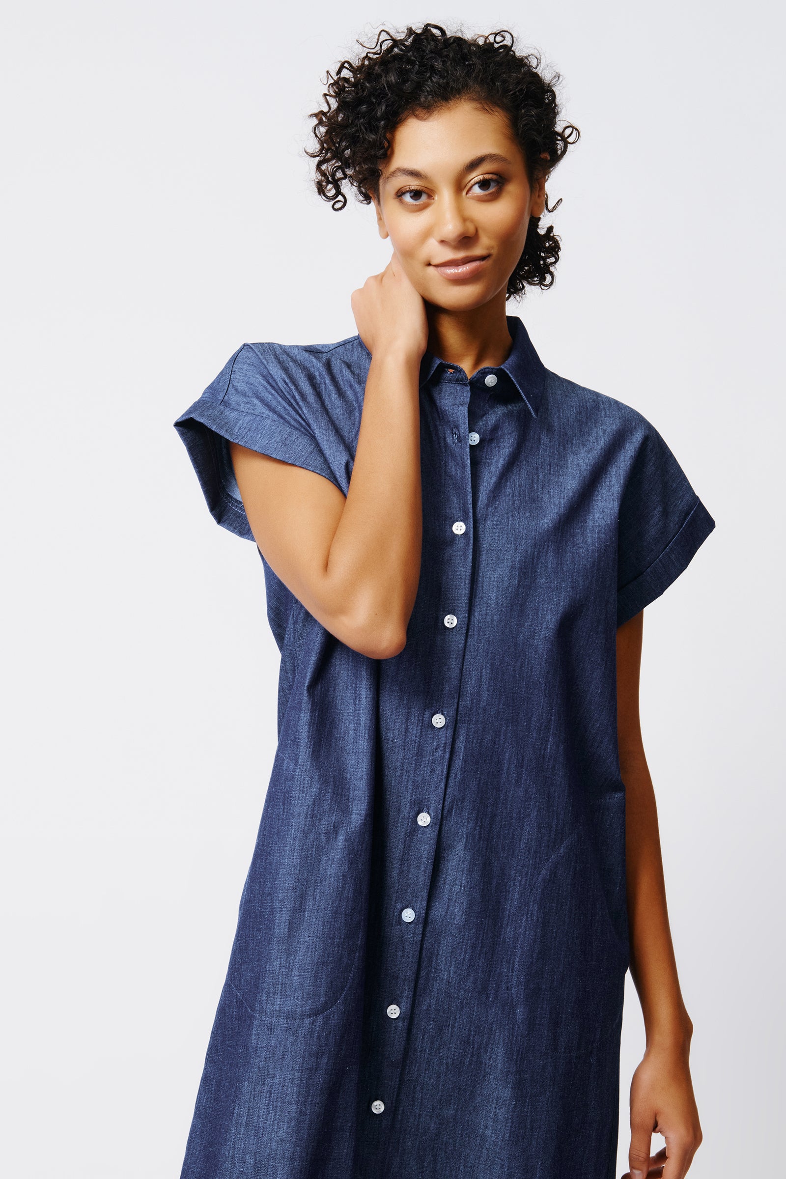 Kal Rieman Hedy Cuffed Cap Sleeve Shirt Dress in Classic Indigo on Model Front View Crop 2