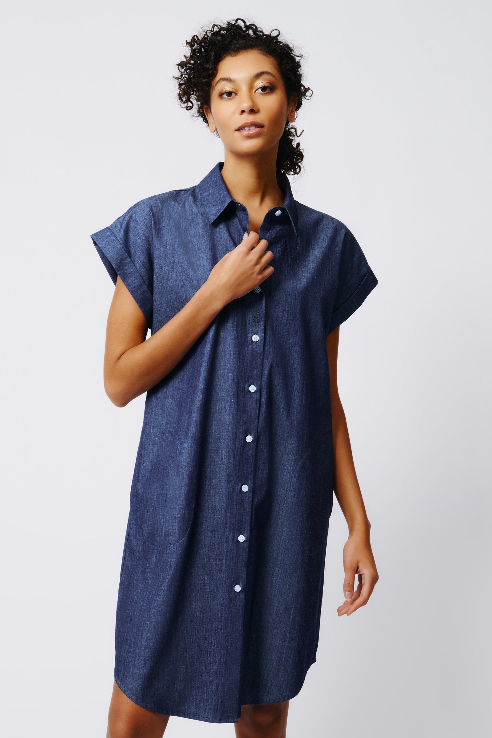 Kal Rieman Hedy Cuffed Cap Sleeve Shirt Dress in Classic Indigo on Model Front View Crop 3