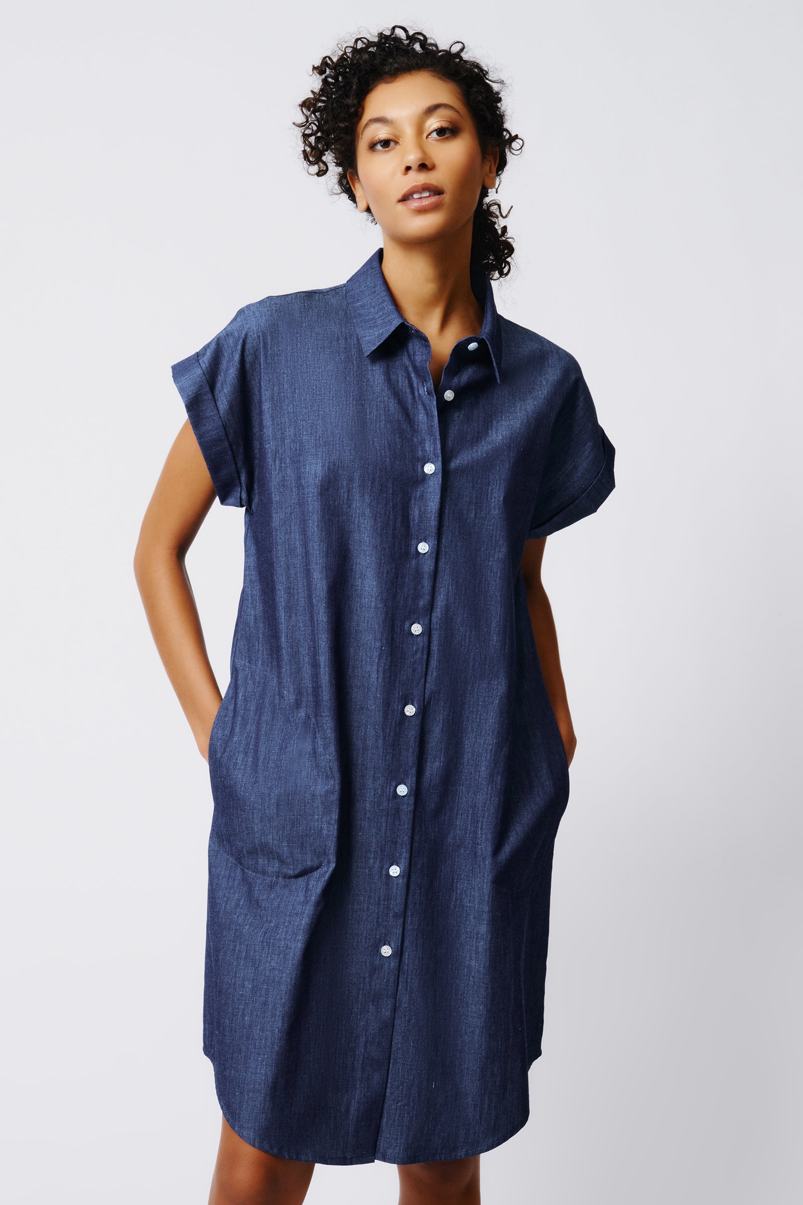 Kal Rieman Hedy Cuffed Cap Sleeve Shirt Dress in Classic Indigo on Model Front View Crop 5