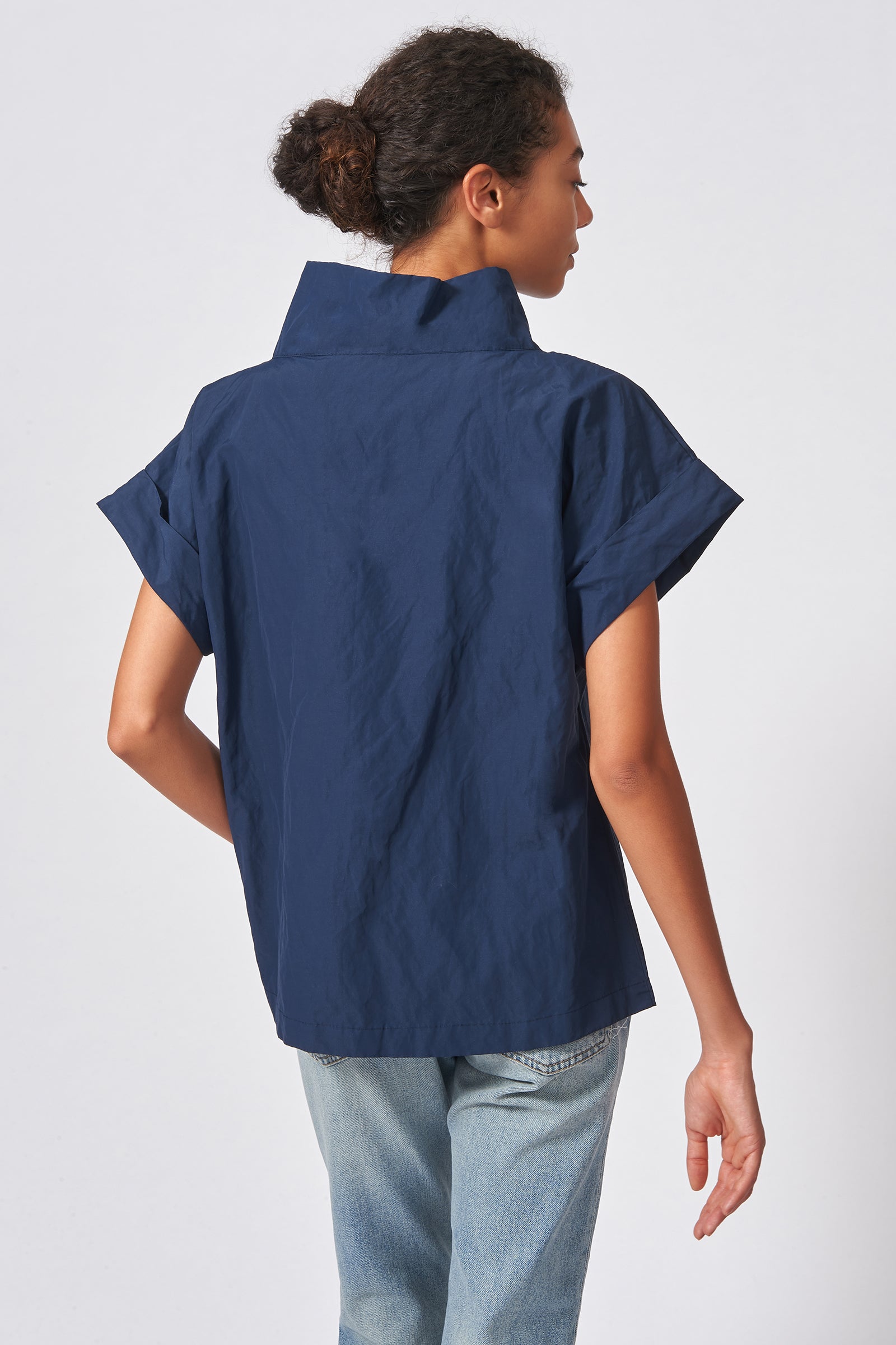 Kal Rieman Cuffed Kimono Tee in Navy Cotton Nylon on Model Front Side View