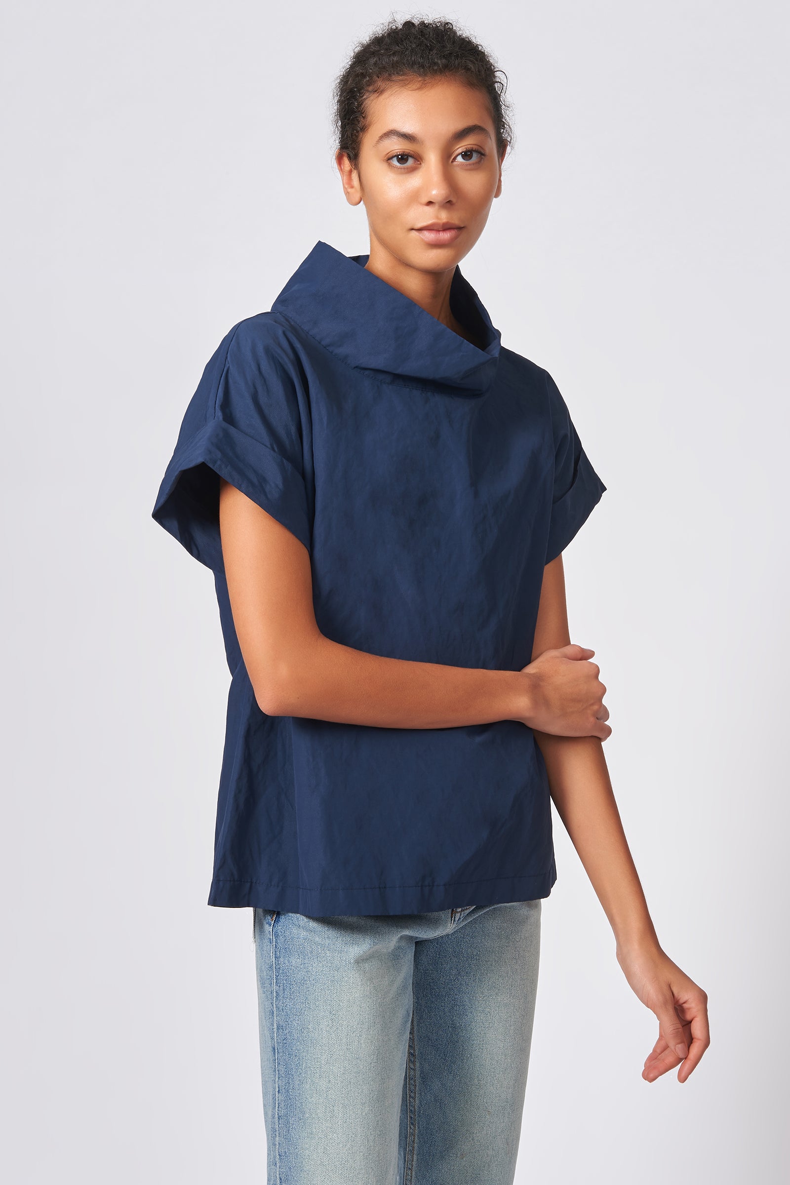 Kal Rieman Cuffed Kimono Tee in Navy Cotton Nylon on Model Front Side View