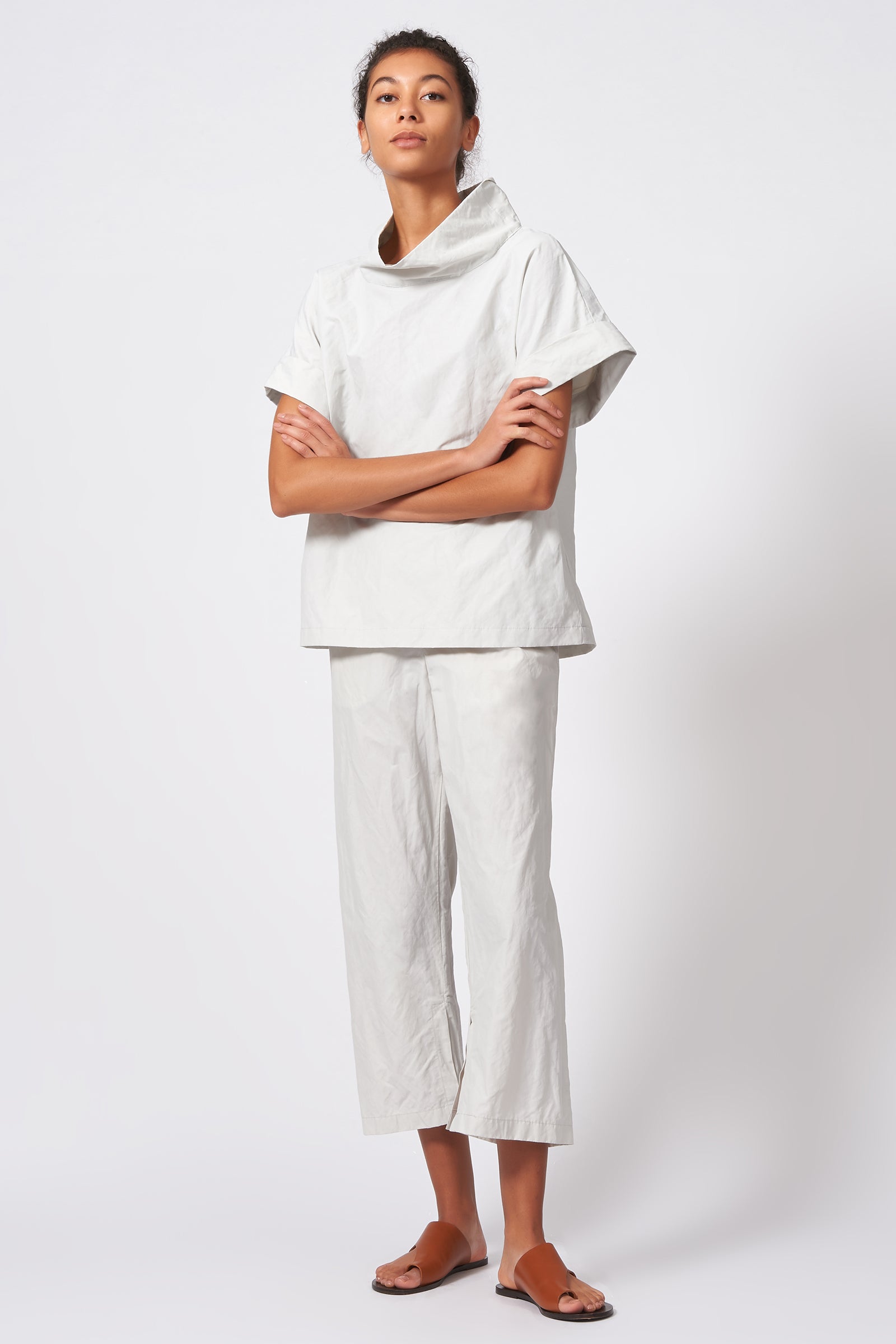 Kal Rieman Cuffed Kimono Tee in Stone Cotton Nylon on Model Front Full View