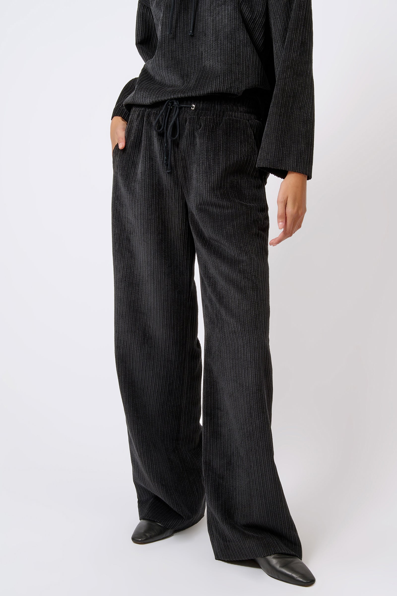 Kal Rieman Debbie Drawstring Pant in Black on Model Front Detail View