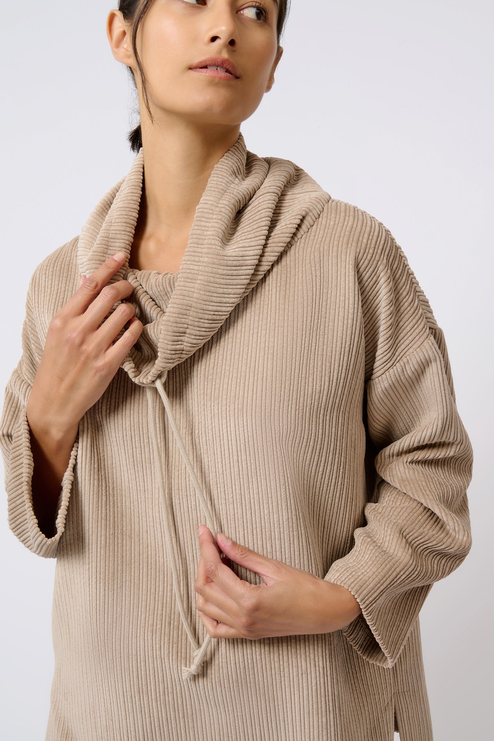 Kal Rieman Debbie Drawstring Pullover in Beige on Model Front Detail View