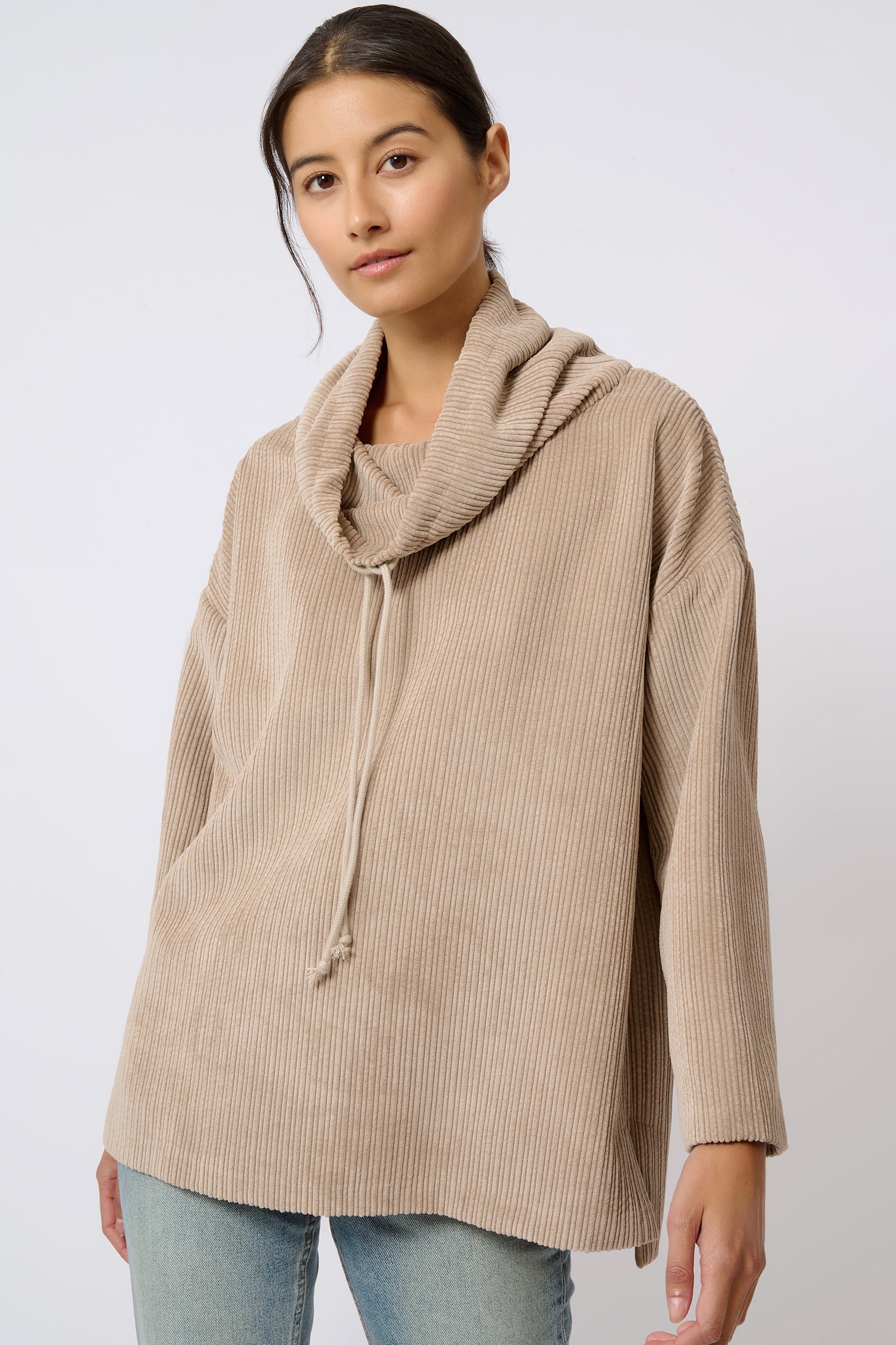 Kal Rieman Debbie Drawstring Pullover in Beige on Model Front View