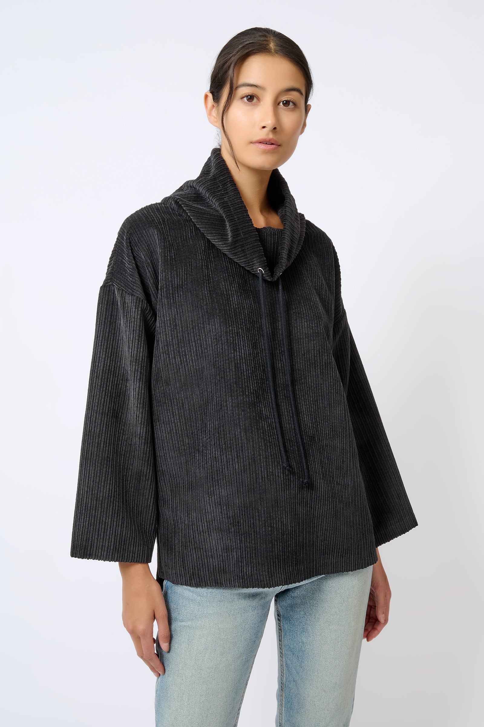 Kal Rieman Debbie Drawstring Pullover in Black on Model Front View