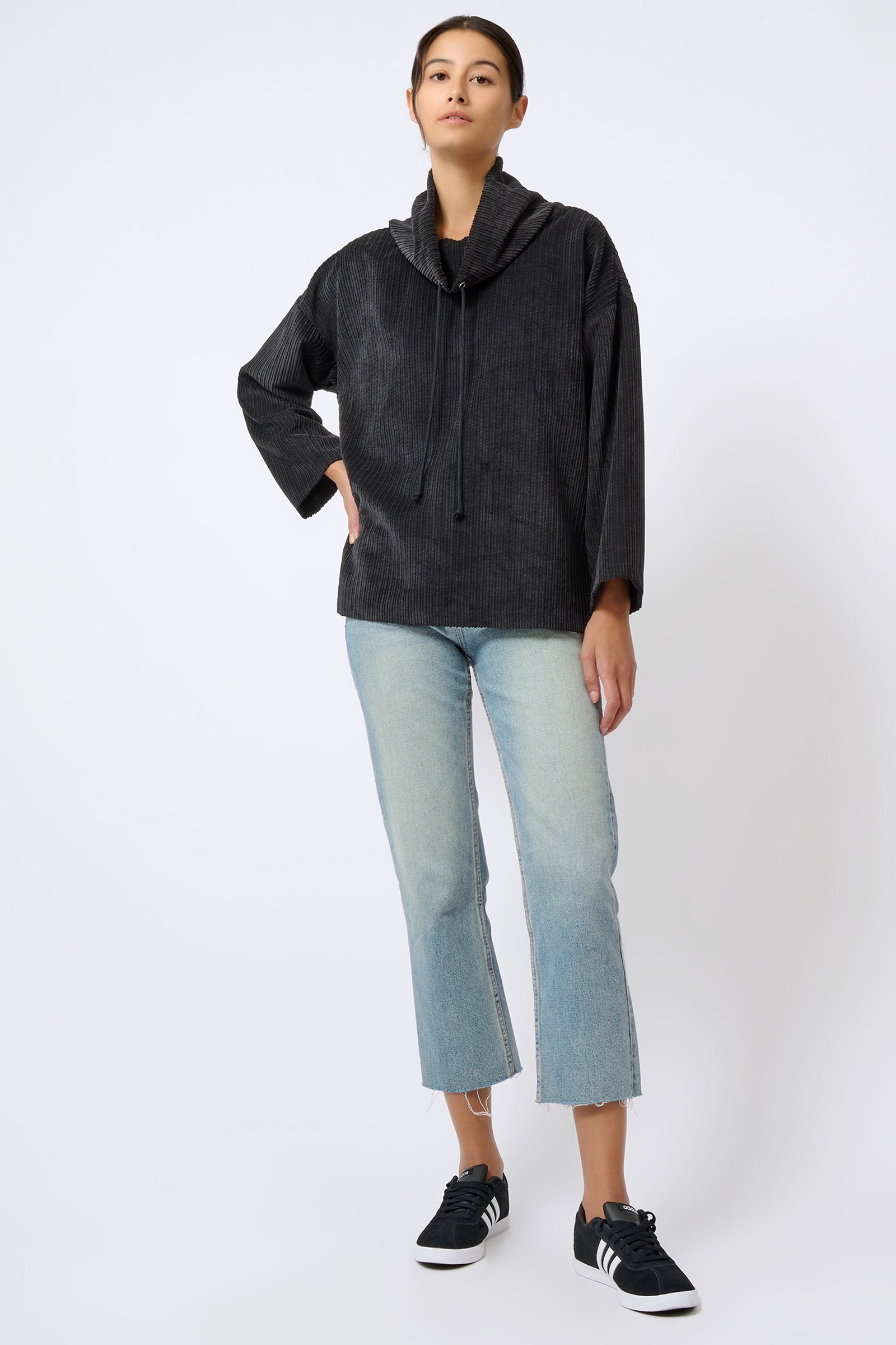 Kal Rieman Debbie Drawstring Pullover in Black on Model Full Front View