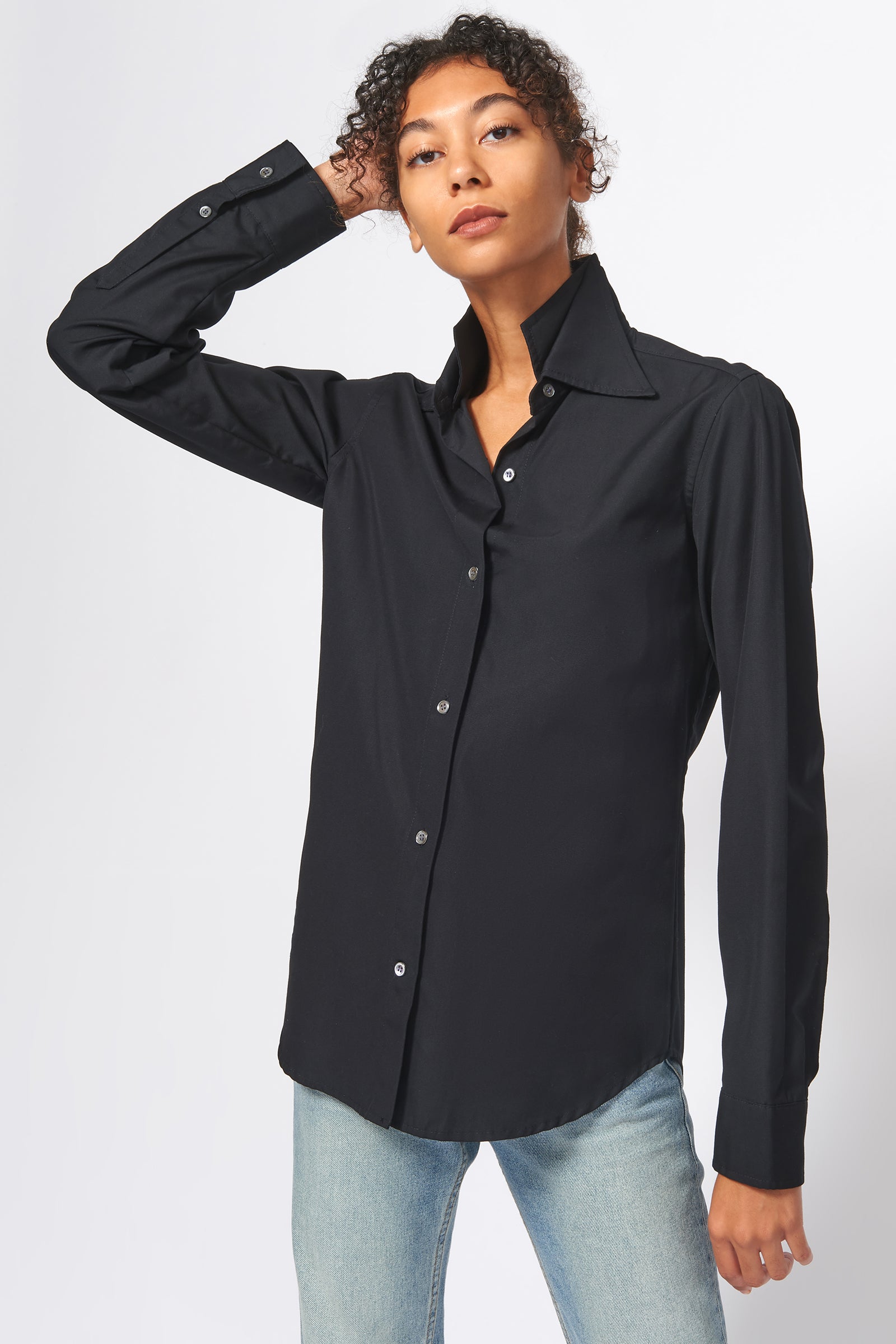 Kal Rieman Double Collar Shirt in Black Ottoman on Model Front View