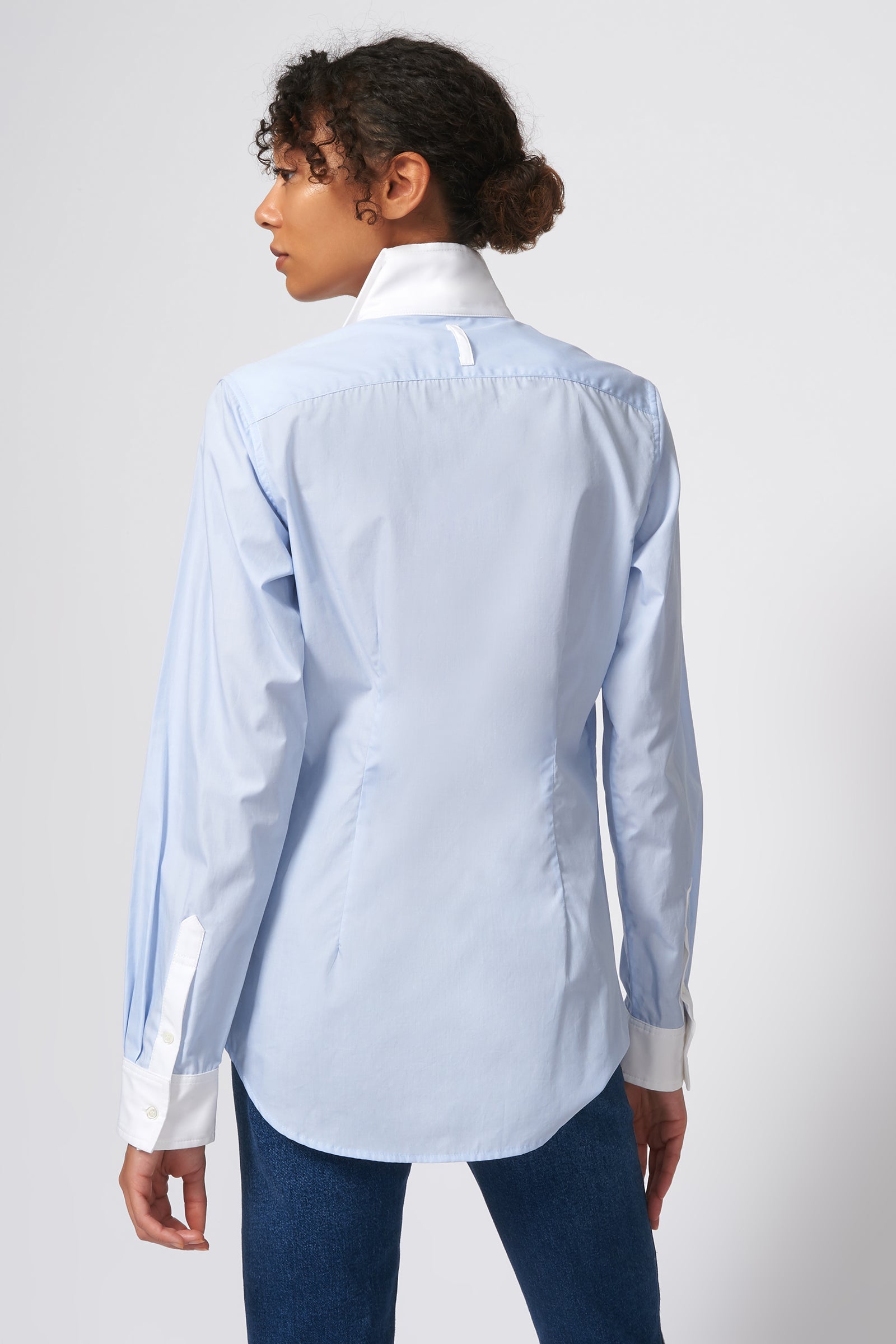 Kal Rieman Double Collar Shirt in Oxford Blue with White Poplin on Model Back View
