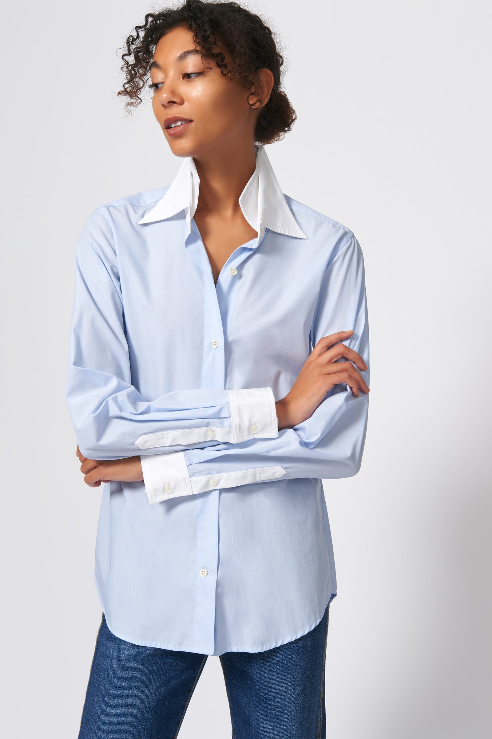 Kal Rieman Double Collar Shirt in Oxford Blue with White Poplin on Model Front Alternate View